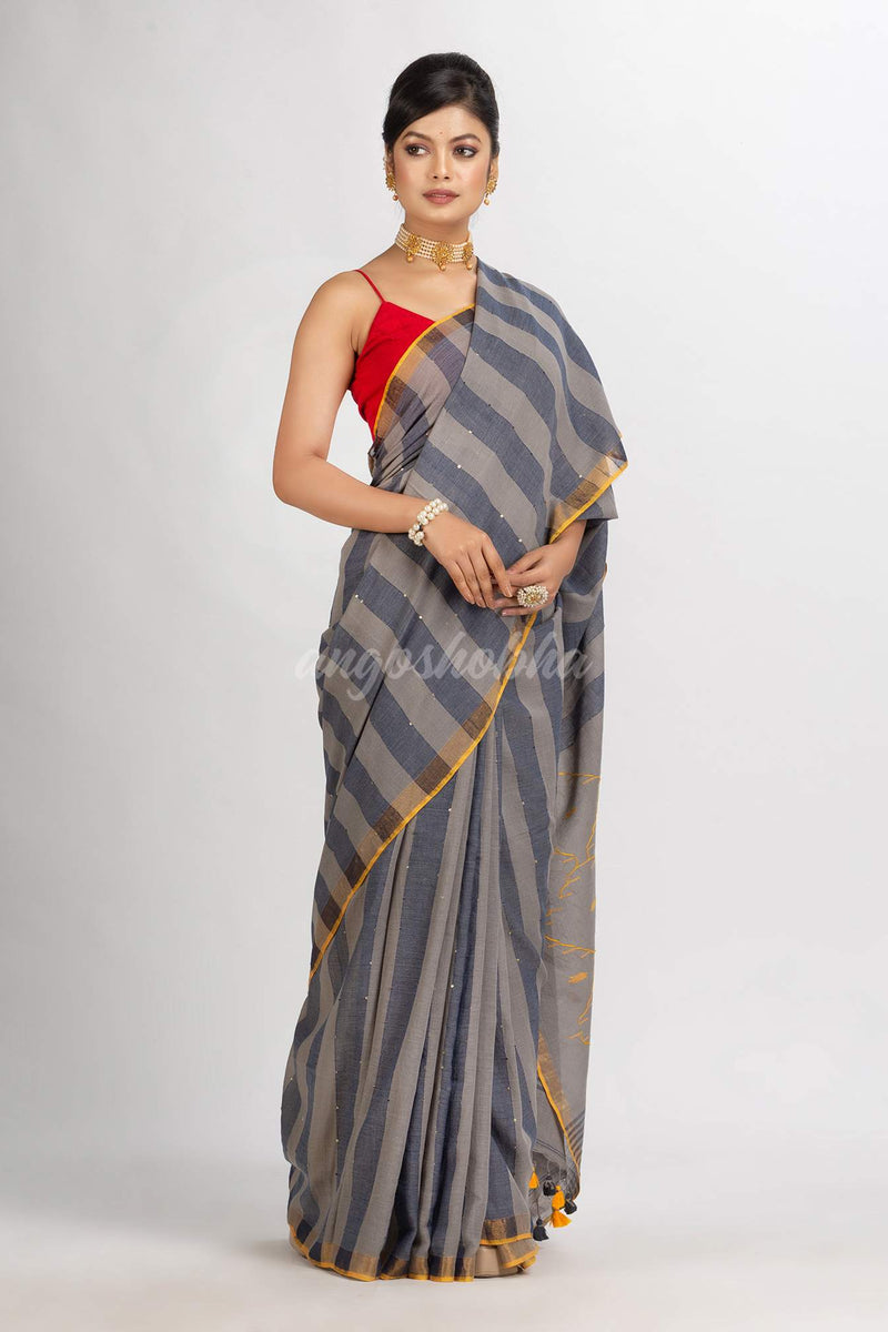 Gray And Blue Stipe Handwoven Cotton Jamdani handloom Saree