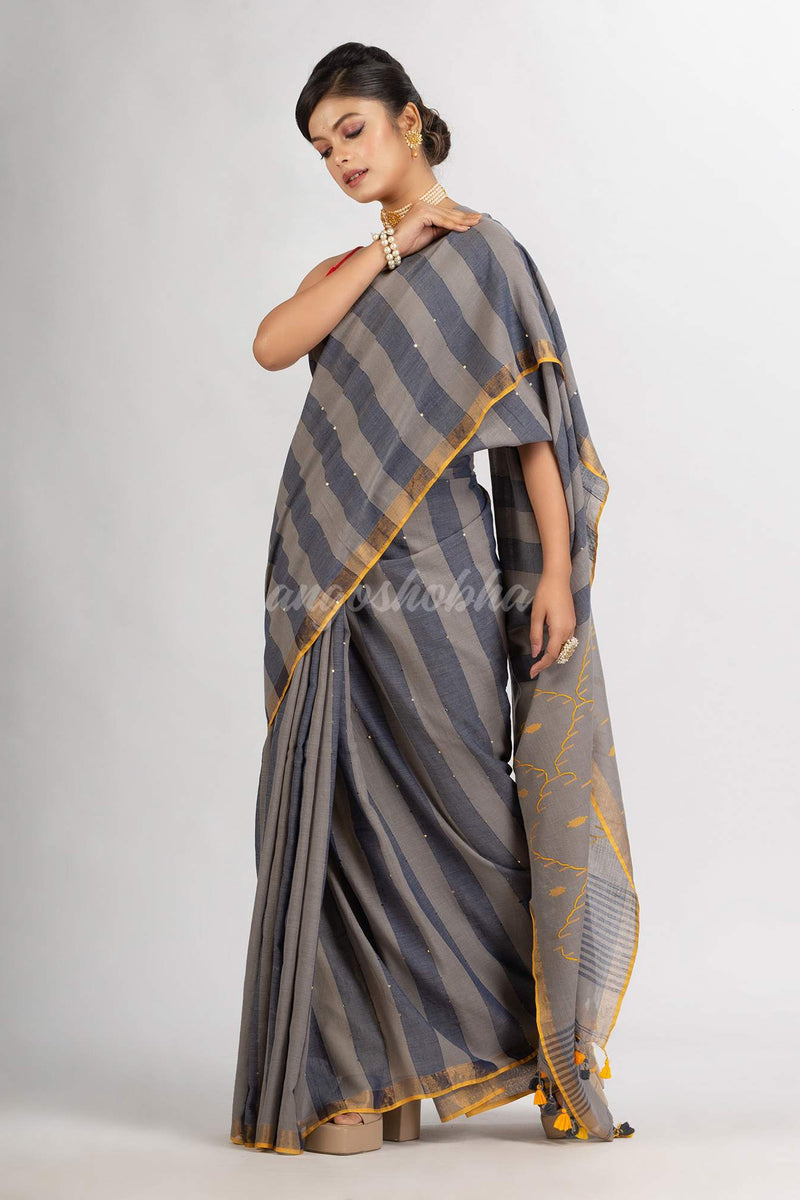 Gray And Blue Stipe Handwoven Cotton Jamdani handloom Saree