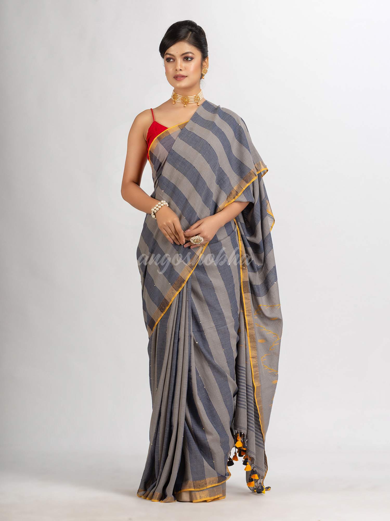 Gray And Blue Stipe Handwoven Cotton Jamdani handloom Saree