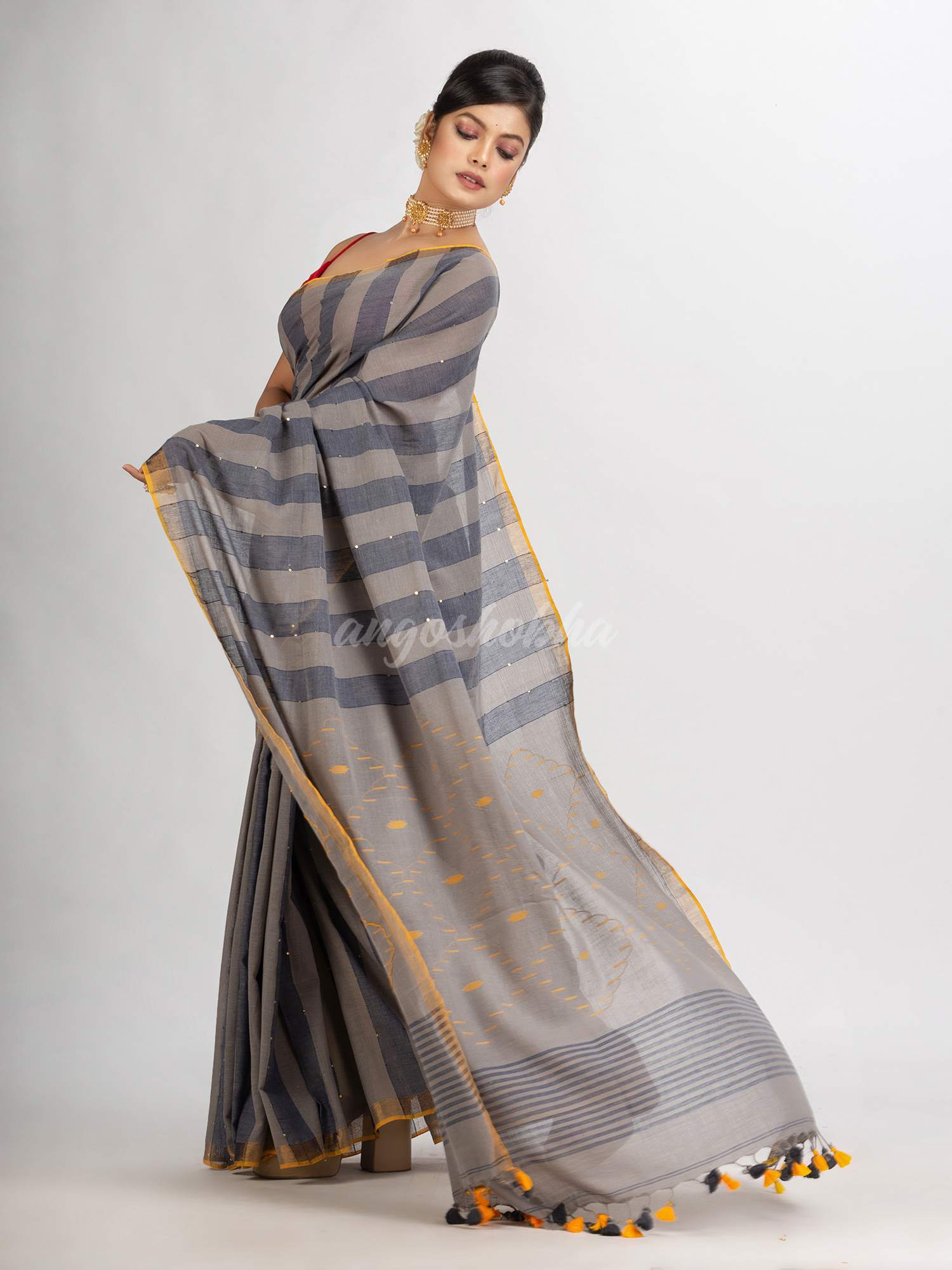 Gray And Blue Stipe Handwoven Cotton Jamdani handloom Saree