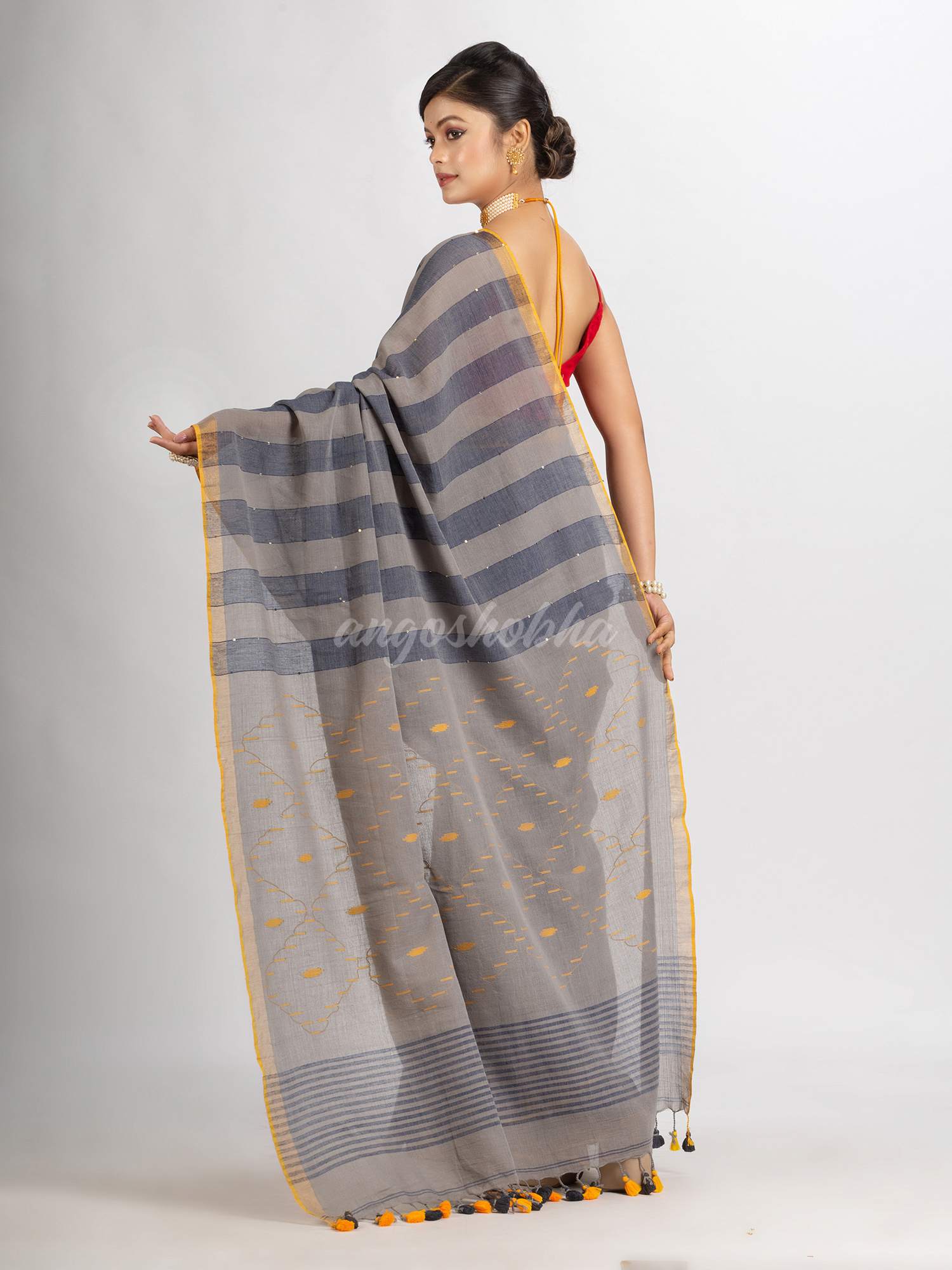 Gray And Blue Stipe Handwoven Cotton Jamdani handloom Saree