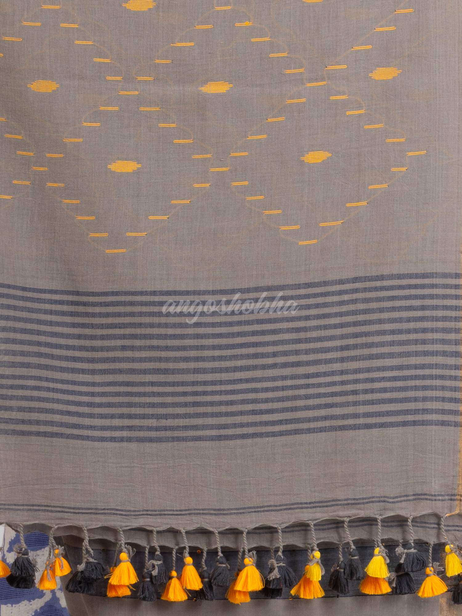 Gray And Blue Stipe Handwoven Cotton Jamdani handloom Saree
