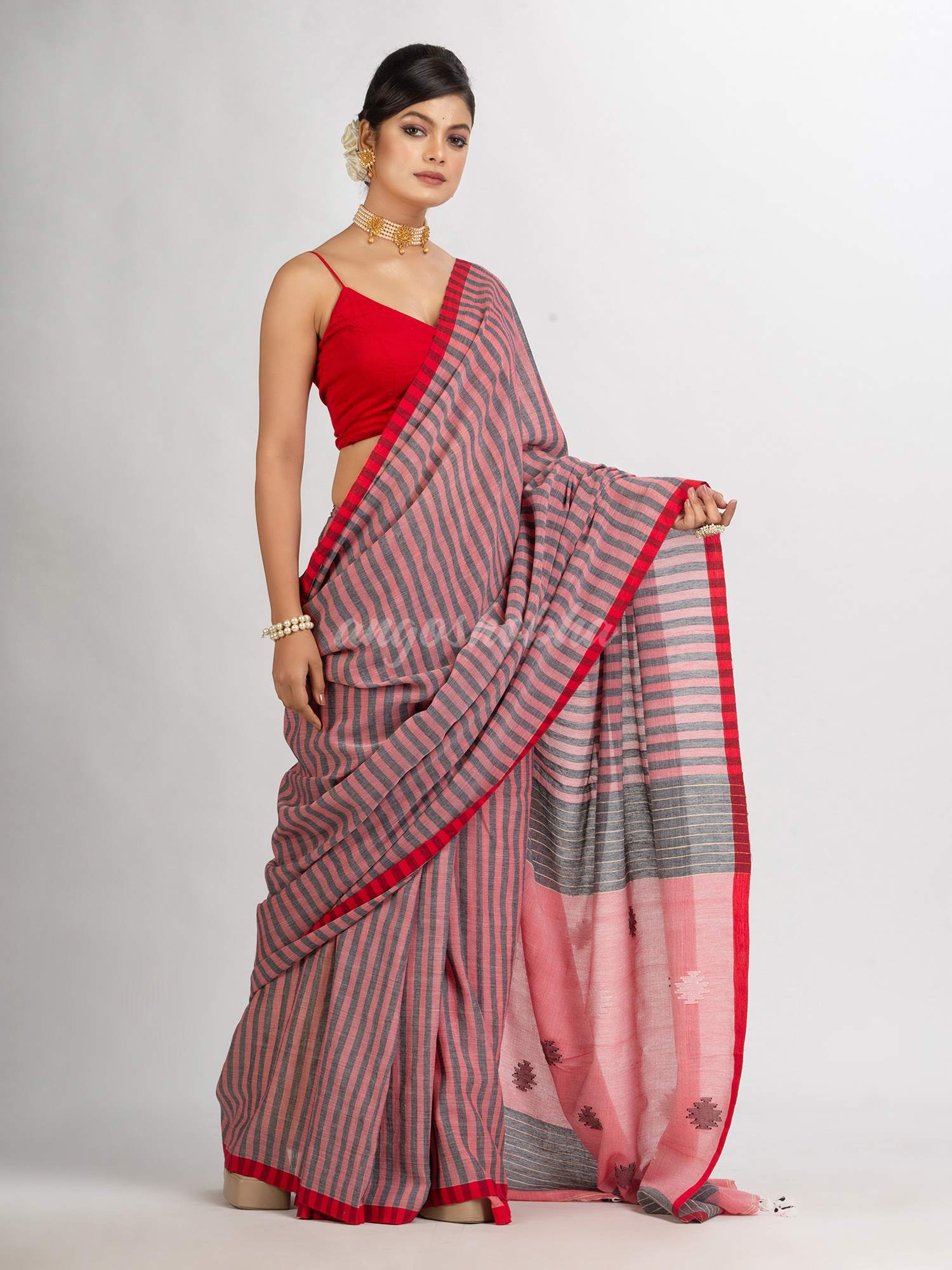 Red And Black Stipe Handwoven Cotton Jamdani handloom Saree