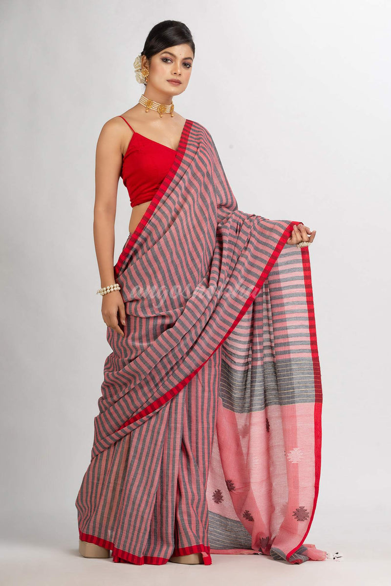 Red And Black Stipe Handwoven Cotton Jamdani handloom Saree