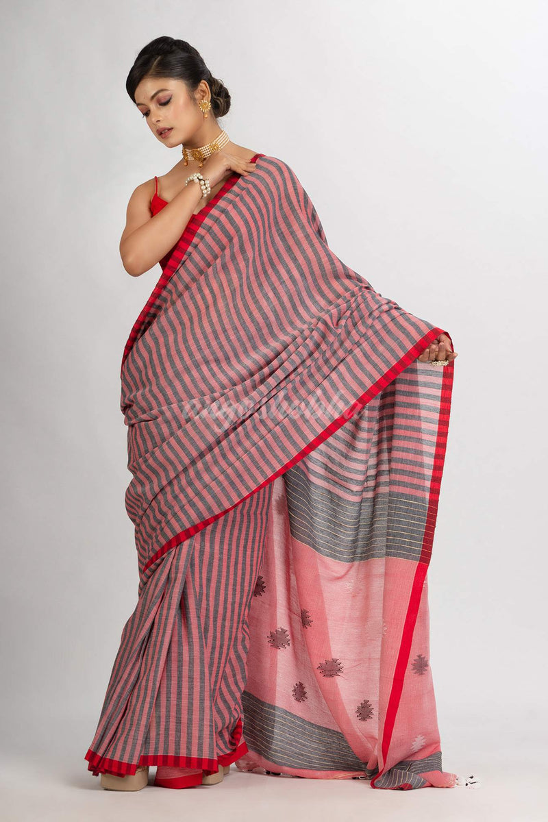 Red And Black Stipe Handwoven Cotton Jamdani handloom Saree
