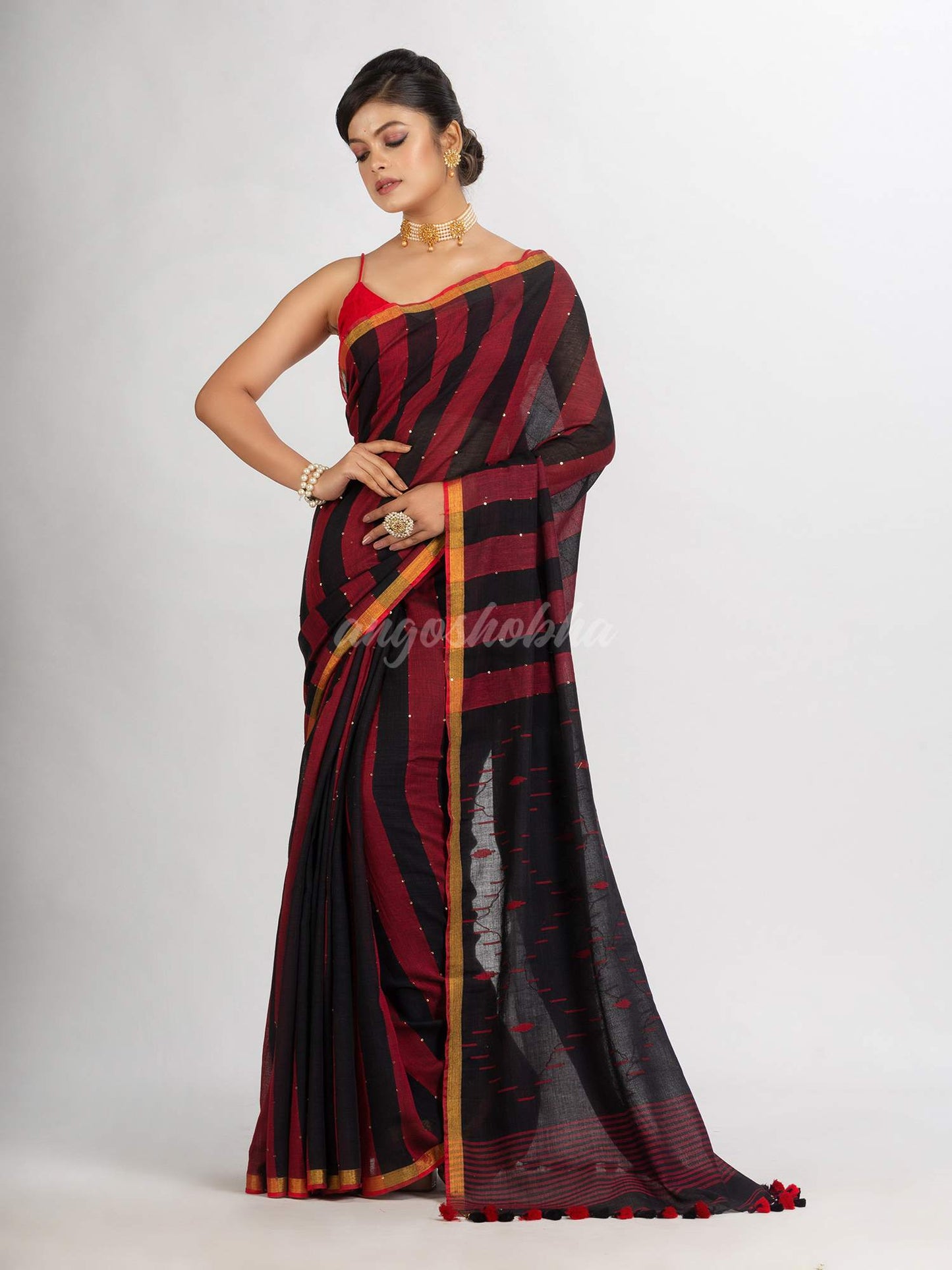 Black And Red Stipe Handwoven Cotton Jamdani handloom Saree