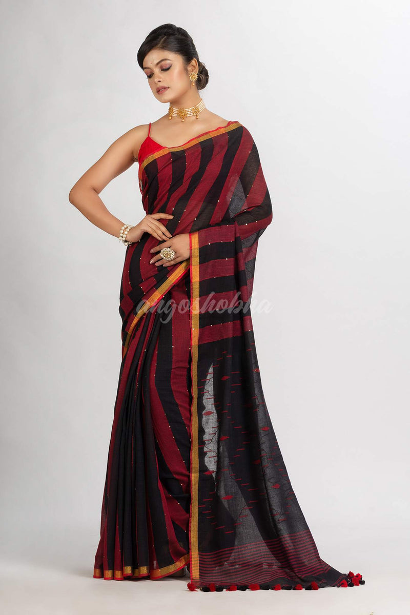 Black And Red Stipe Handwoven Cotton Jamdani handloom Saree