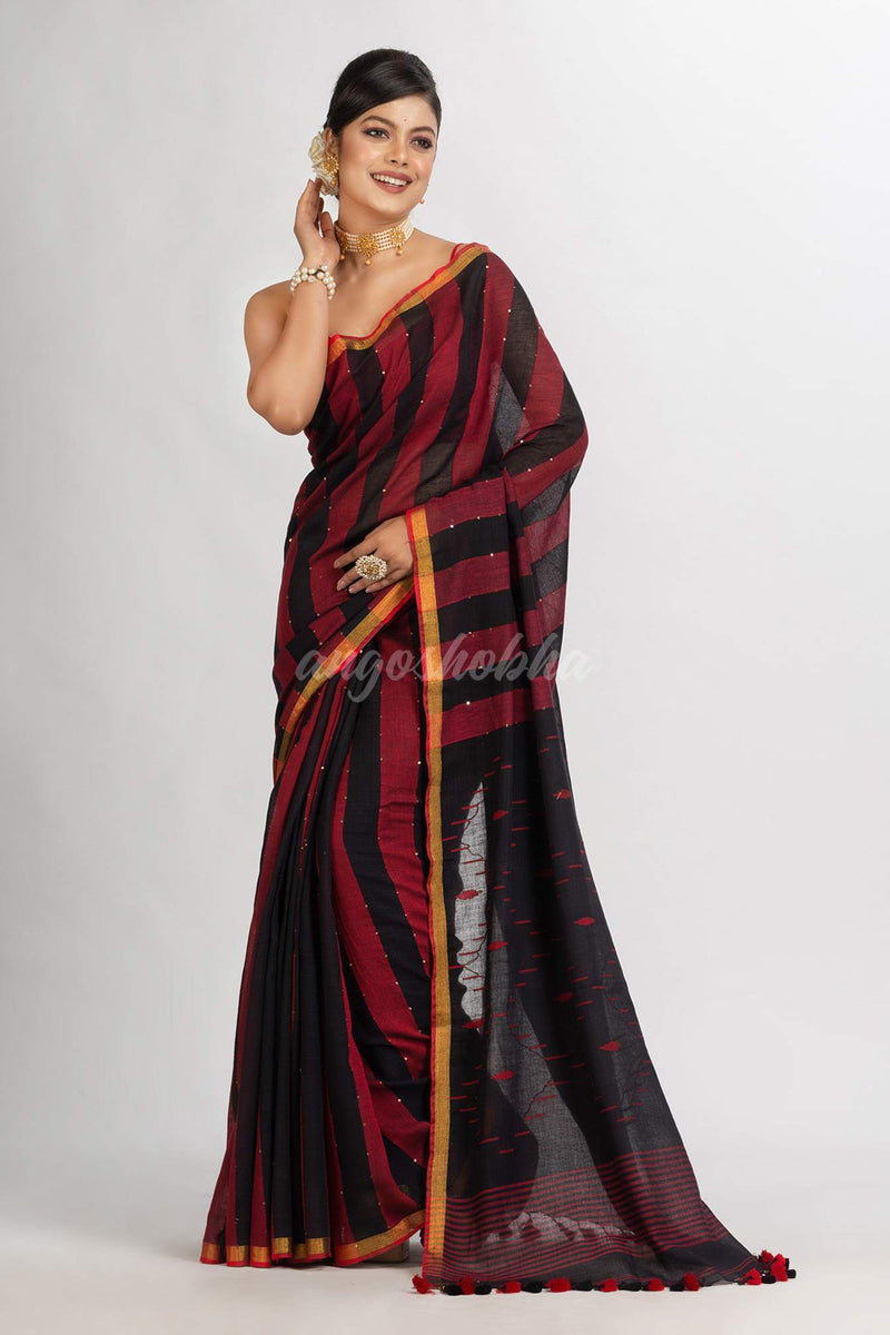 Black And Red Stipe Handwoven Cotton Jamdani handloom Saree