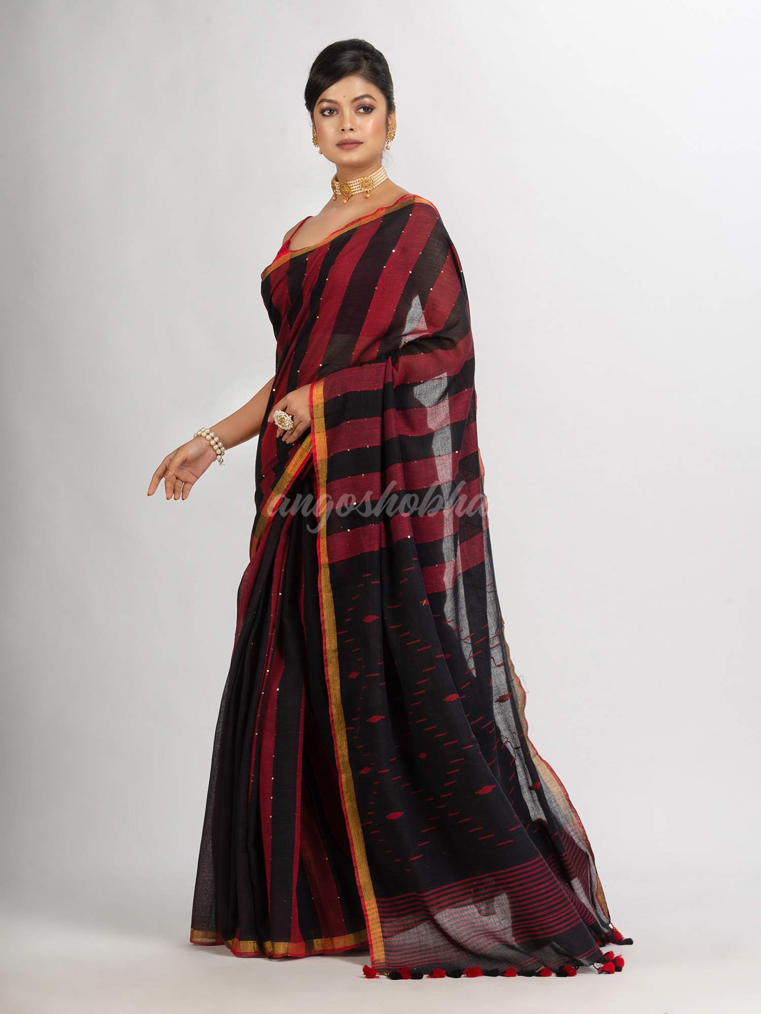Black And Red Stipe Handwoven Cotton Jamdani handloom Saree