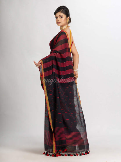 Black And Red Stipe Handwoven Cotton Jamdani handloom Saree