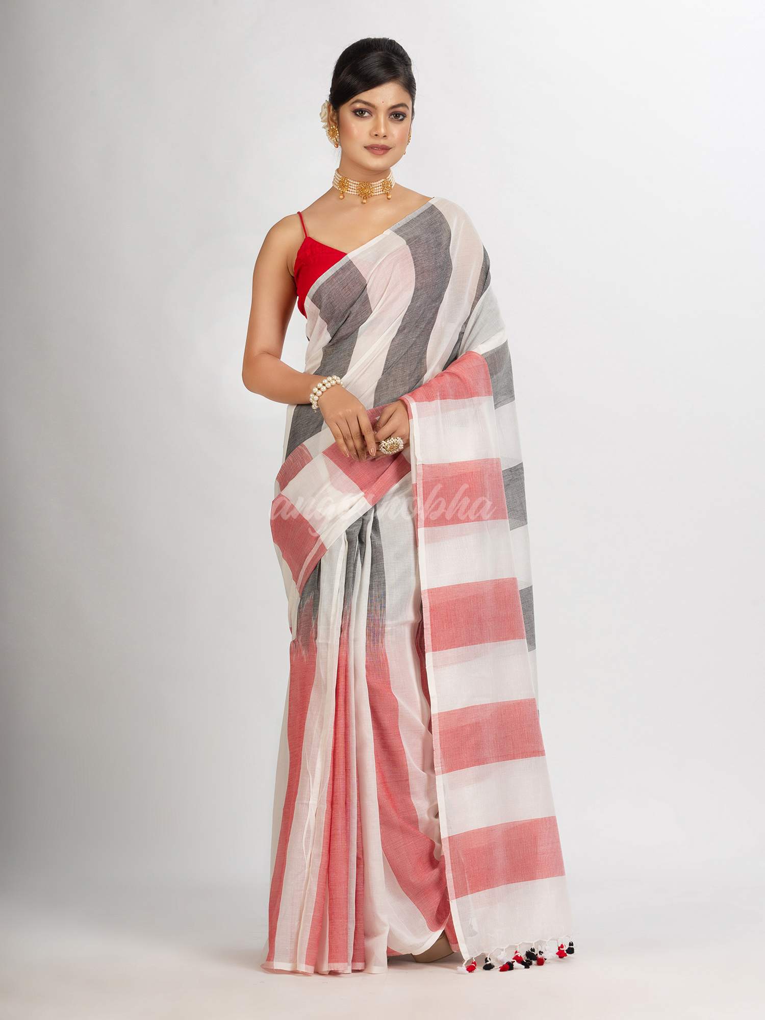 White Black And Red Stipe Cotton handloom Saree