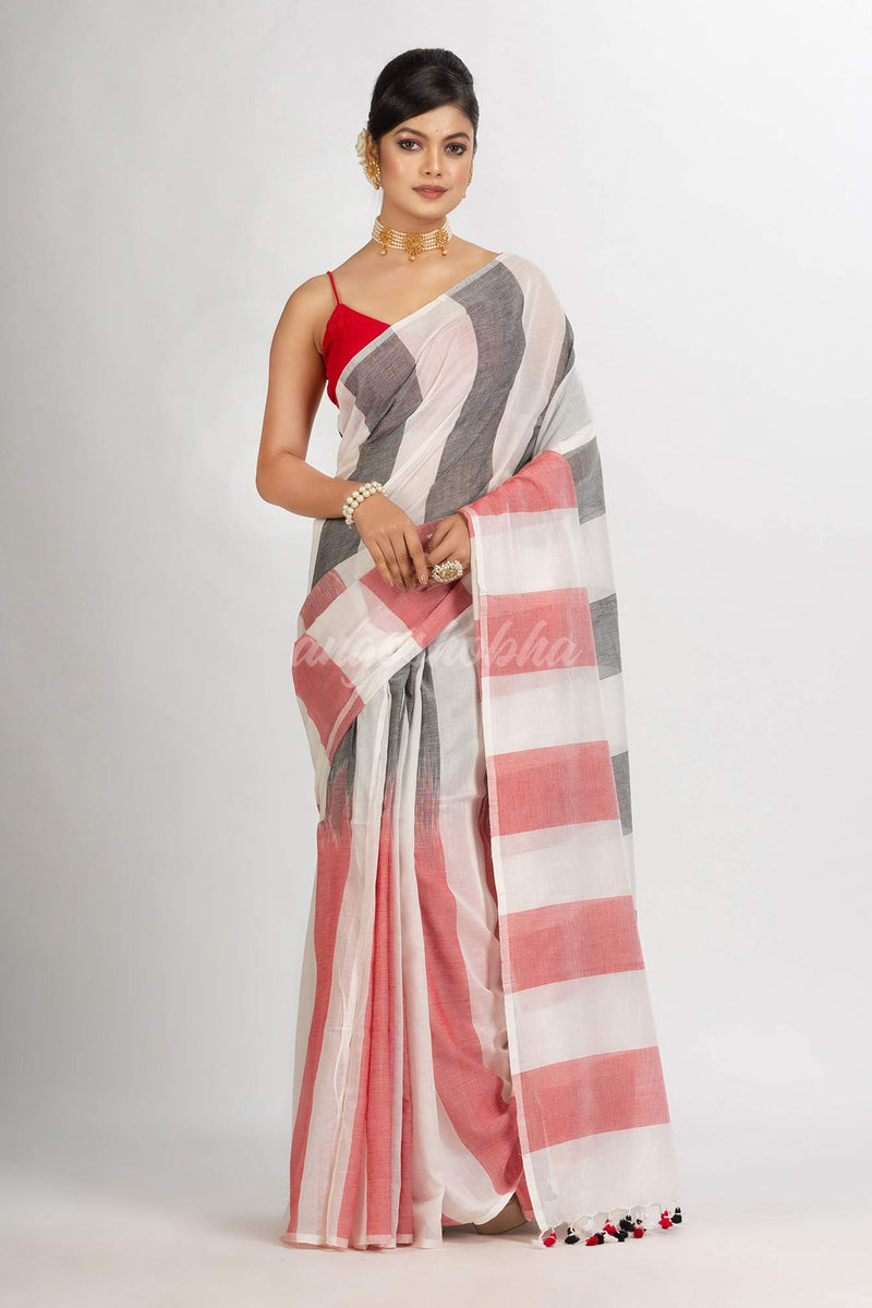 White Black And Red Stipe Cotton handloom Saree