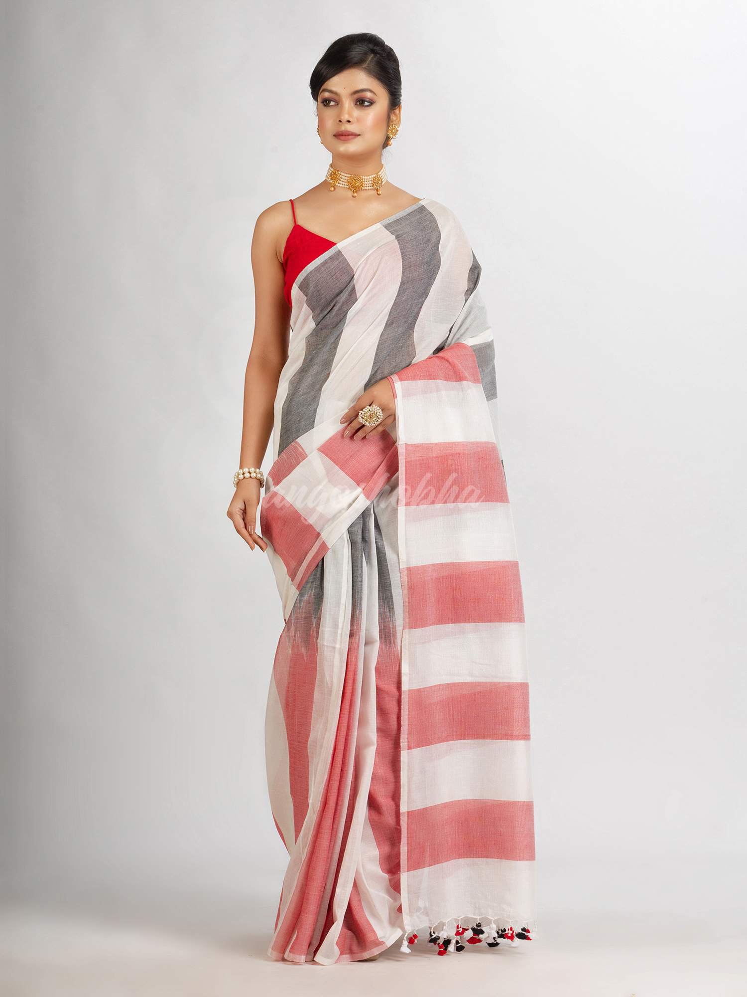White Black And Red Stipe Cotton handloom Saree