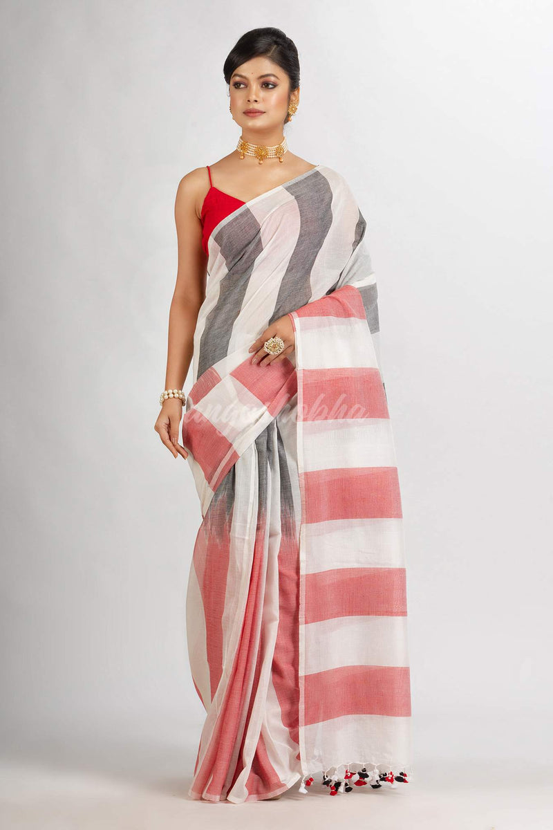 White Black And Red Stipe Cotton handloom Saree