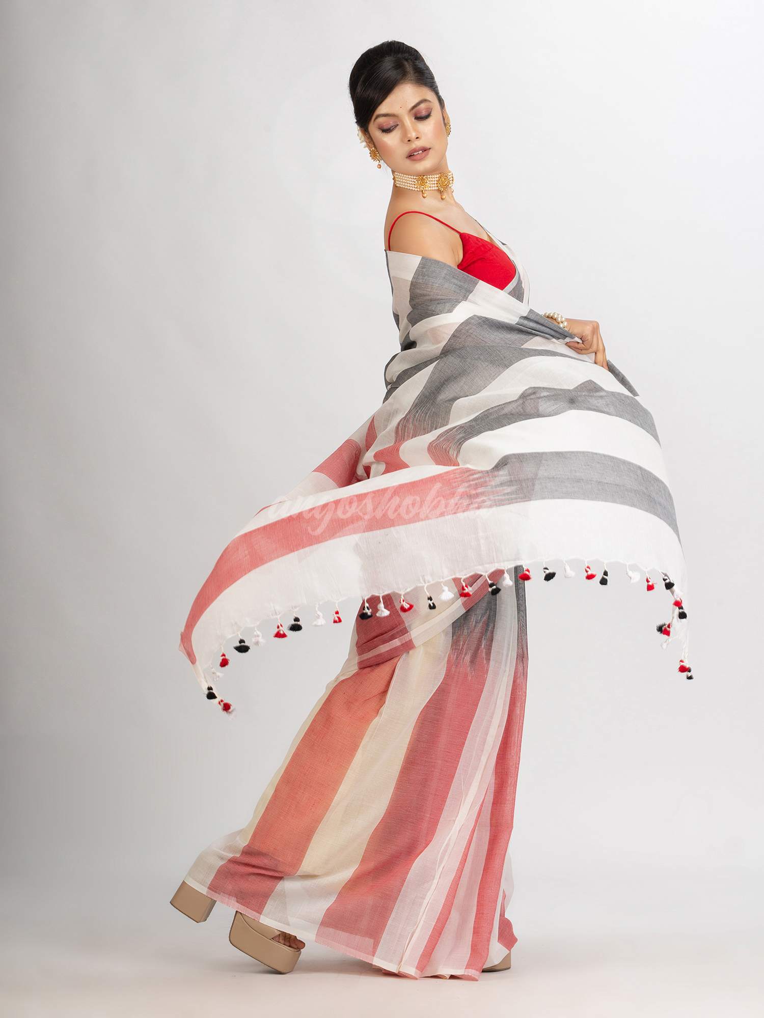 White Black And Red Stipe Cotton handloom Saree