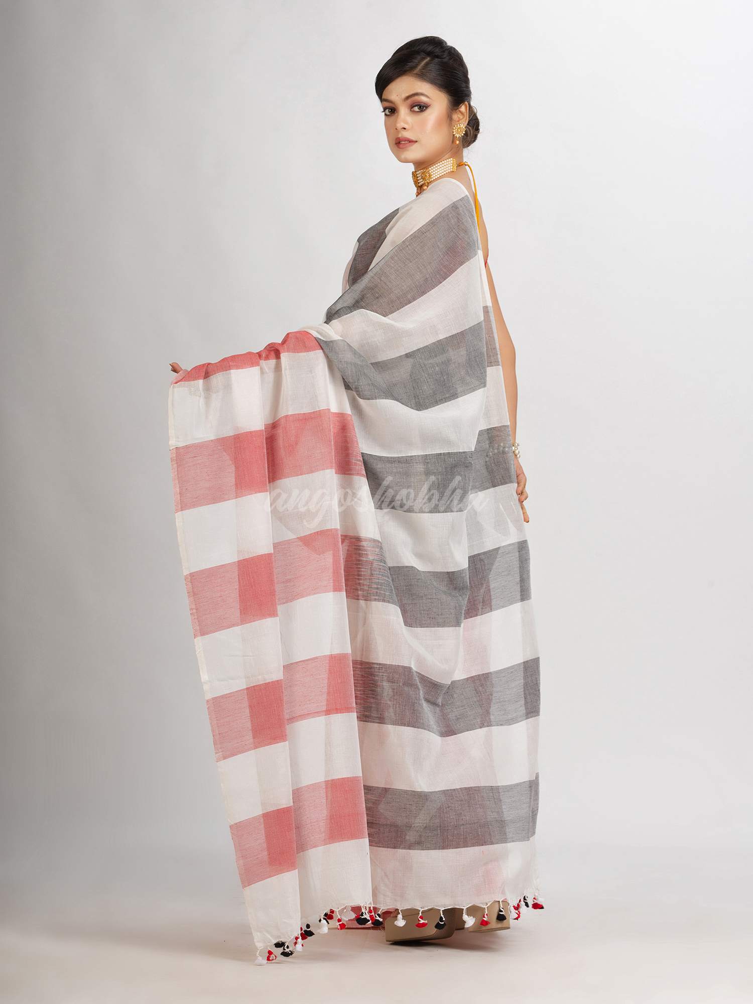 White Black And Red Stipe Cotton handloom Saree