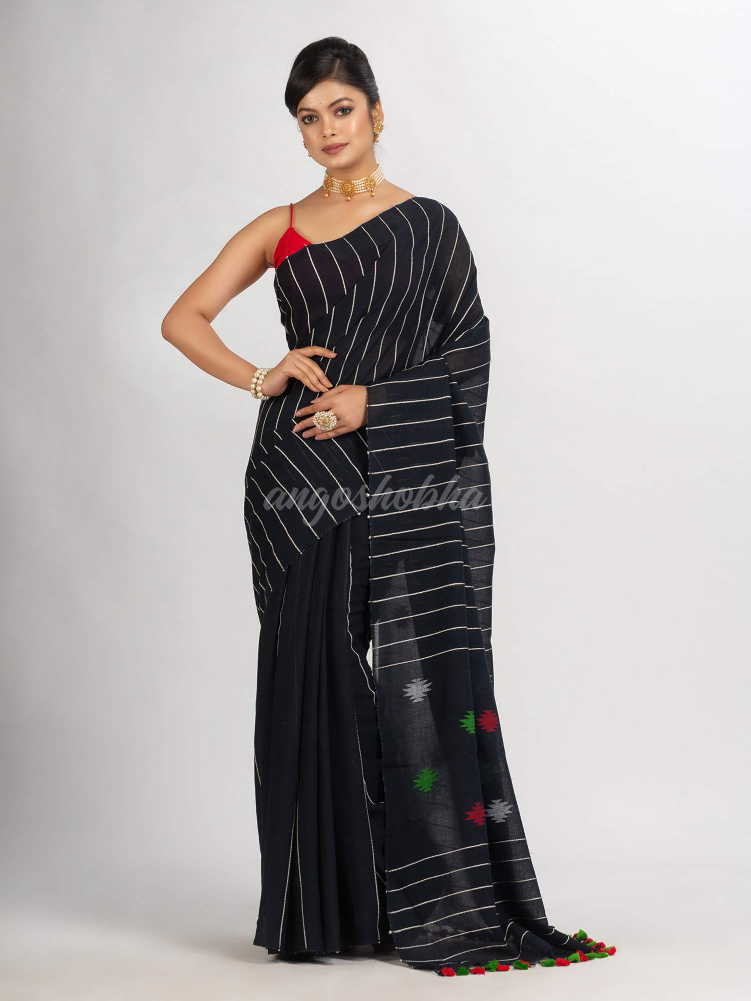 Black Handwoven Cotton Jamdani handloom Saree