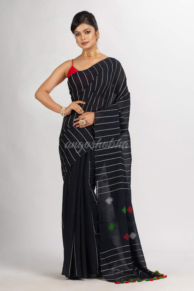 Black Handwoven Cotton Jamdani handloom Saree
