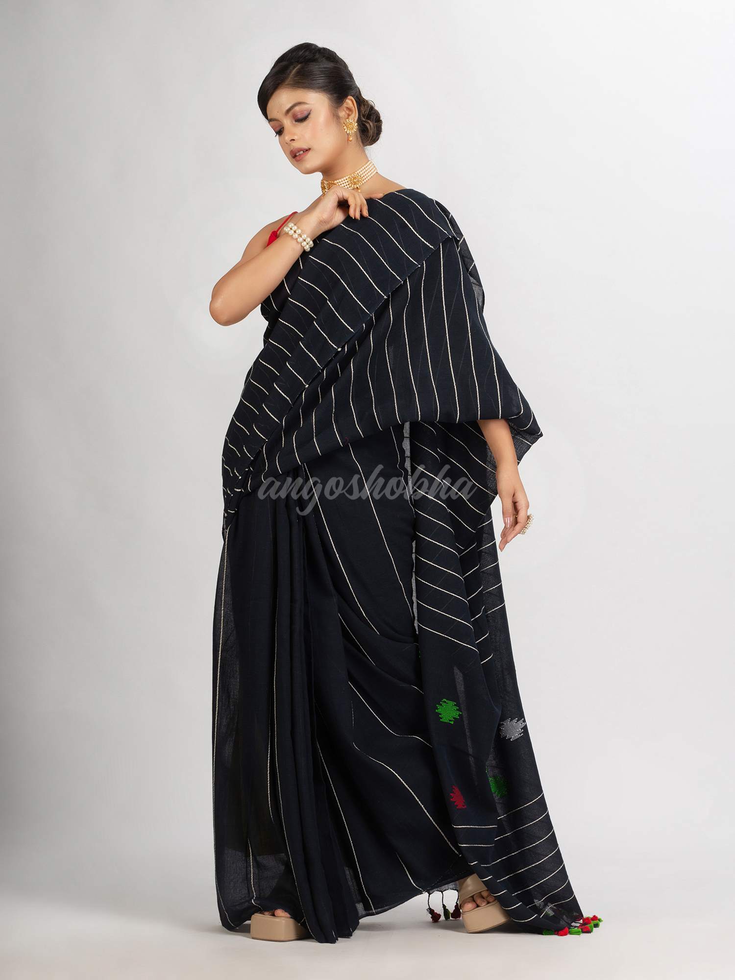Black Handwoven Cotton Jamdani handloom Saree