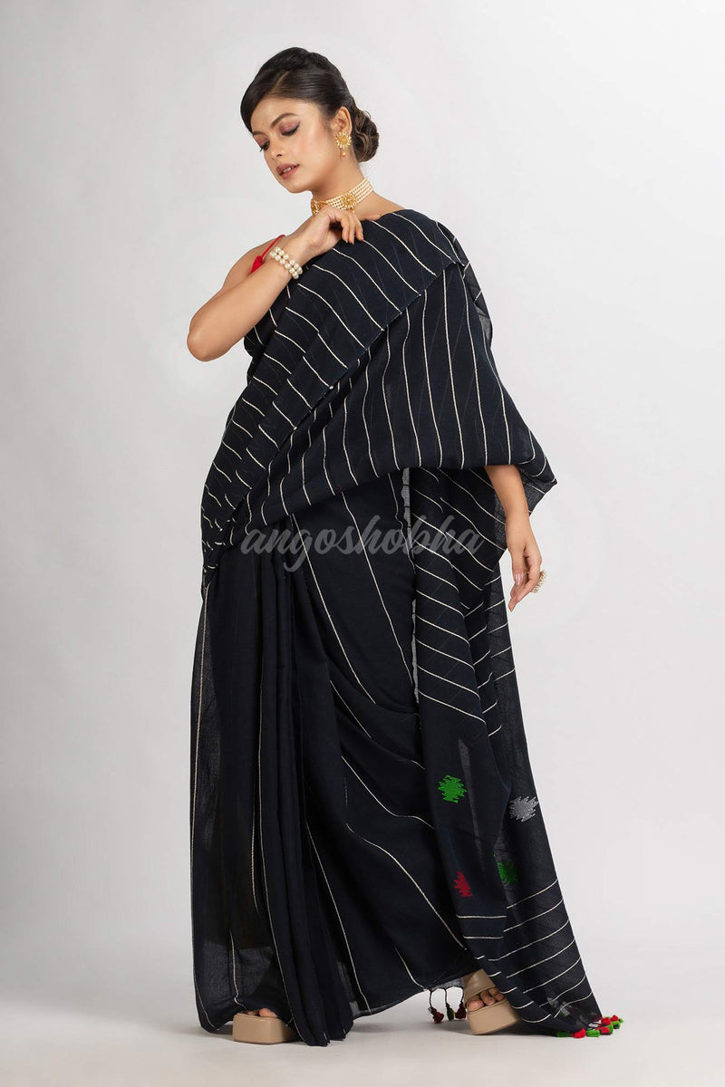 Black Handwoven Cotton Jamdani handloom Saree