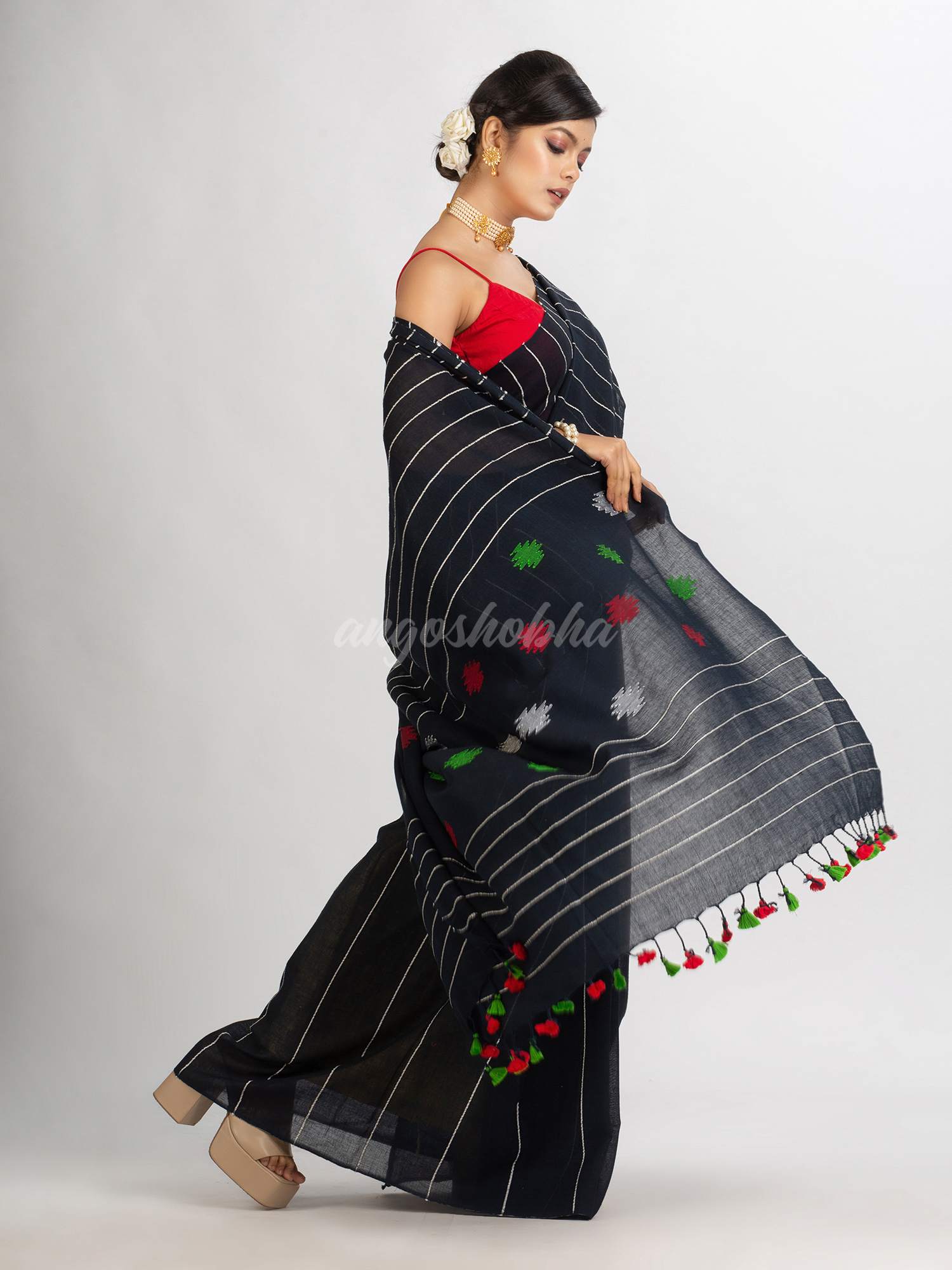 Black Handwoven Cotton Jamdani handloom Saree