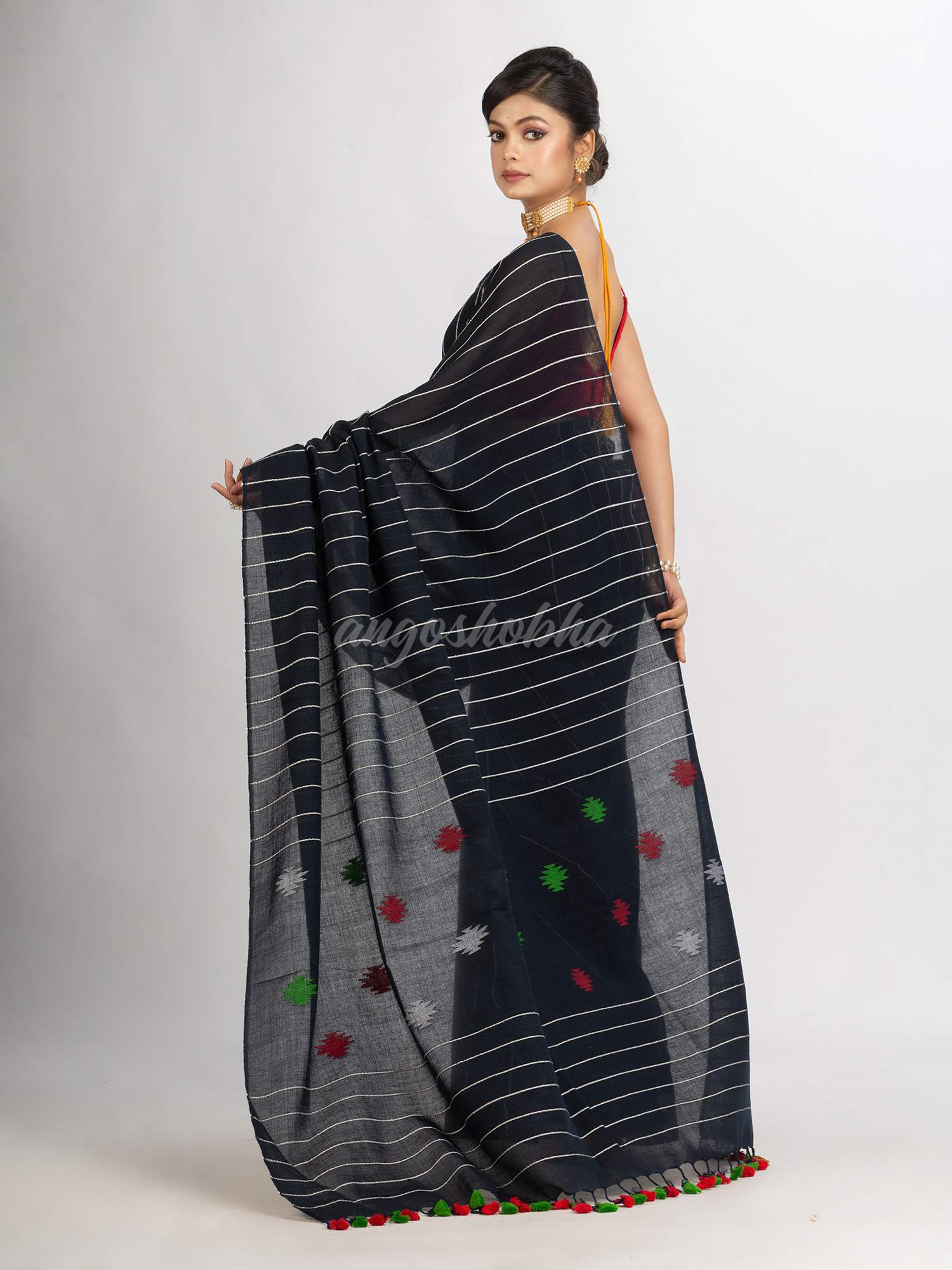 Black Handwoven Cotton Jamdani handloom Saree
