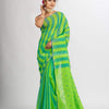 Parrot green And Sky Blue Stipe Handwoven Cotton Jamdani handloom Saree