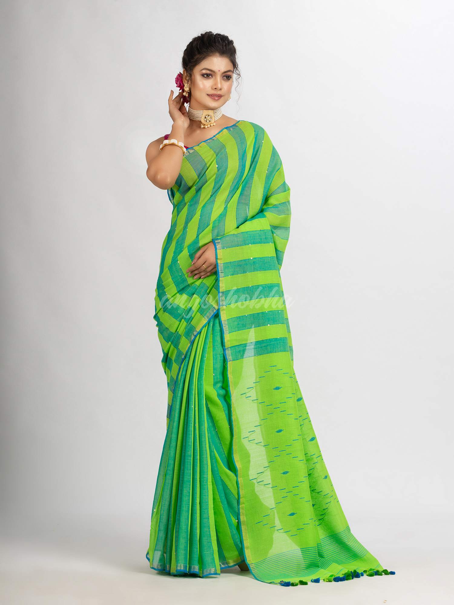 Parrot green And Sky Blue Stipe Handwoven Cotton Jamdani handloom Saree