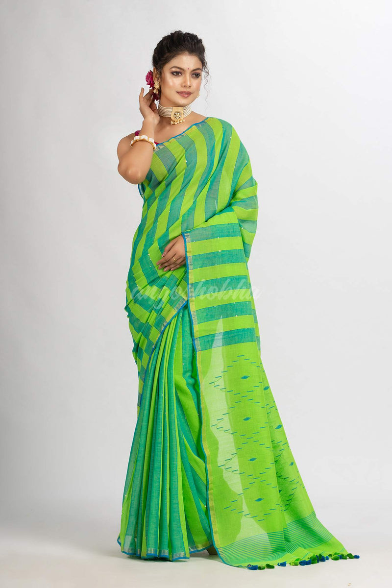Parrot green And Sky Blue Stipe Handwoven Cotton Jamdani handloom Saree