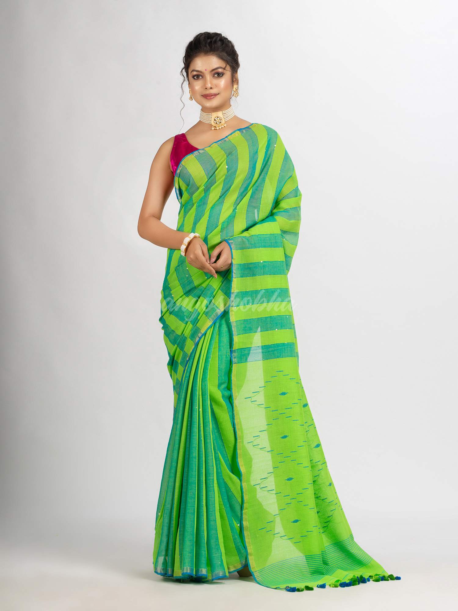 Parrot green And Sky Blue Stipe Handwoven Cotton Jamdani handloom Saree