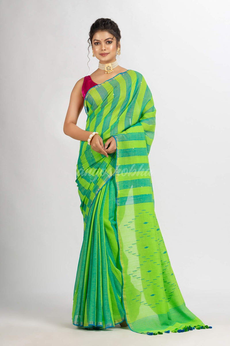 Parrot green And Sky Blue Stipe Handwoven Cotton Jamdani handloom Saree