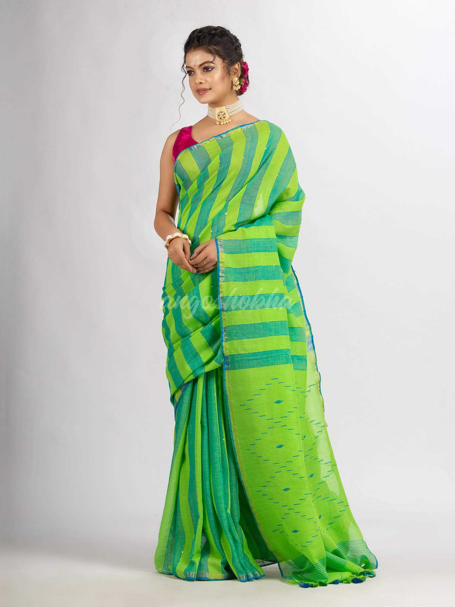 Parrot green And Sky Blue Stipe Handwoven Cotton Jamdani handloom Saree