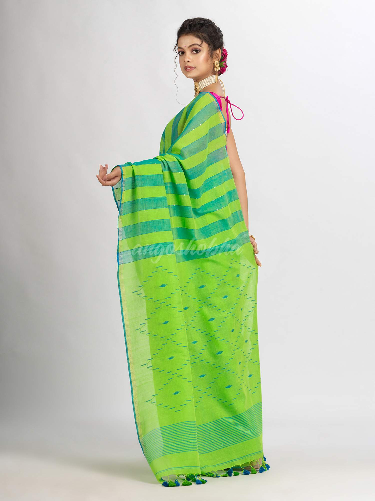 Parrot green And Sky Blue Stipe Handwoven Cotton Jamdani handloom Saree