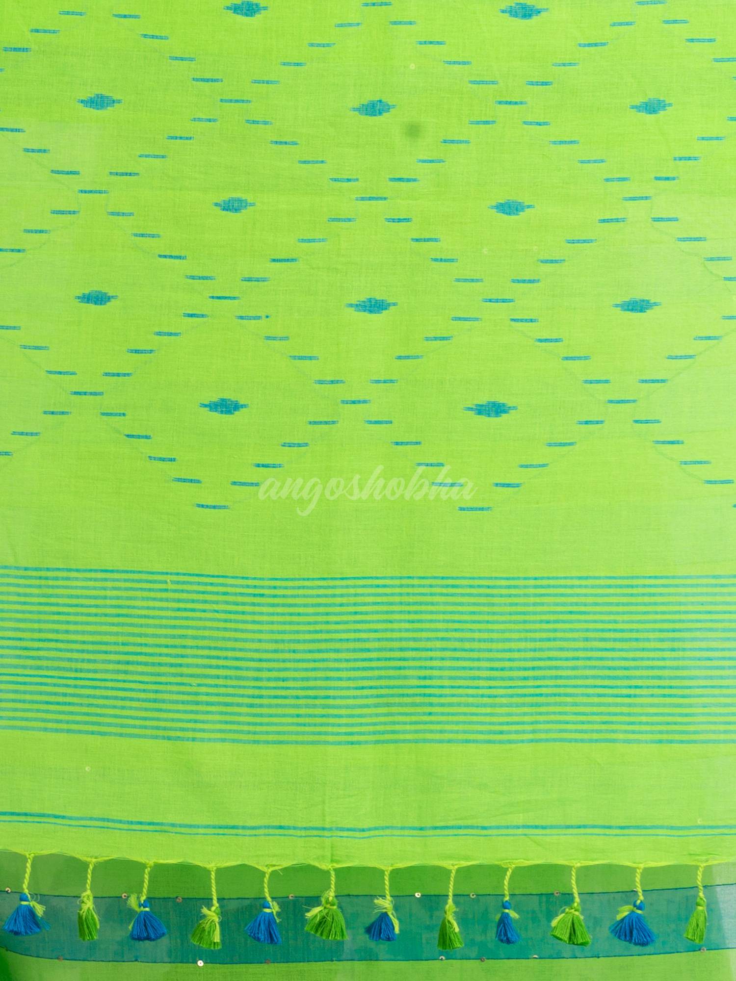Parrot green And Sky Blue Stipe Handwoven Cotton Jamdani handloom Saree