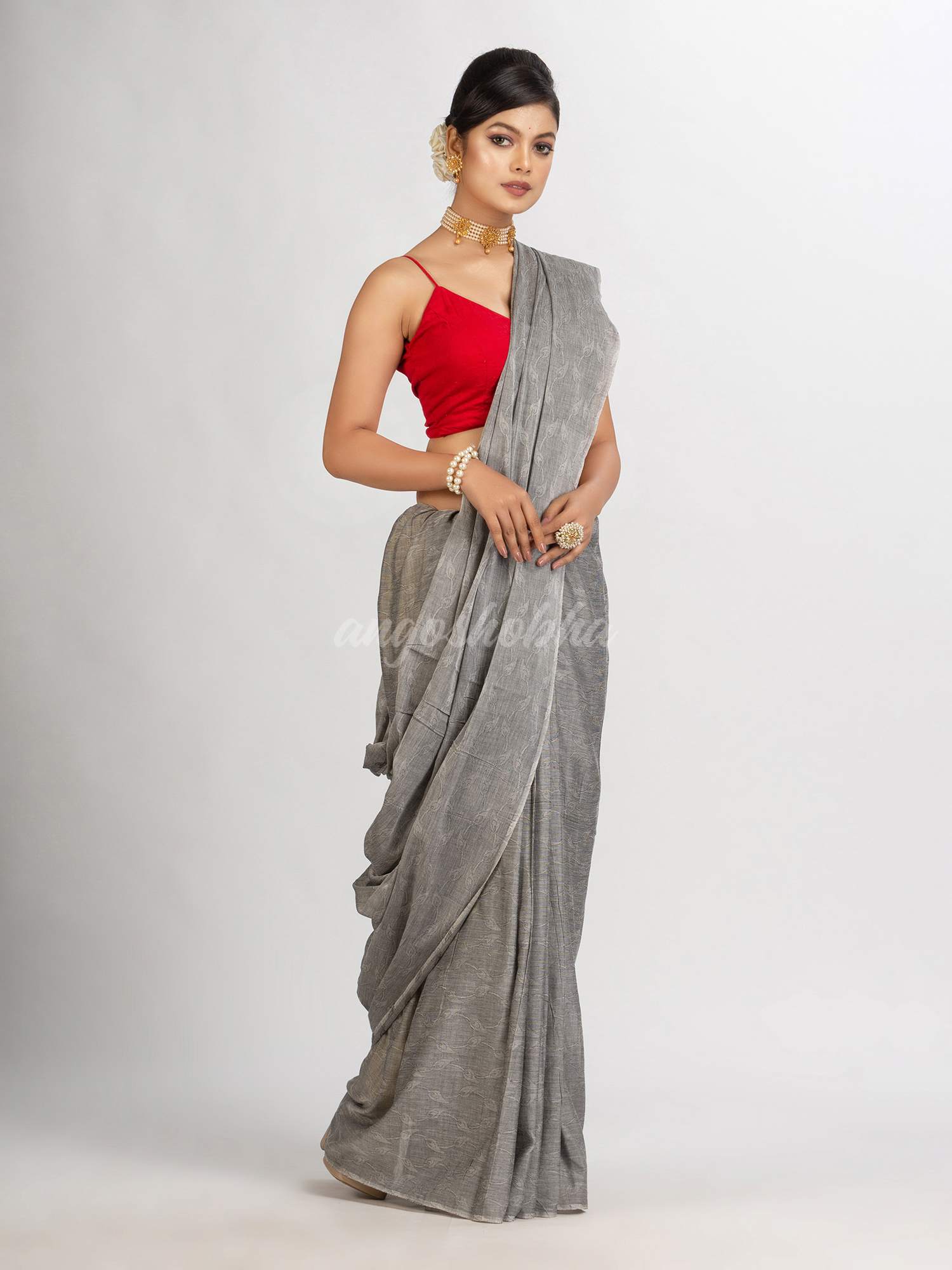 Gray Cotton Jacquard handloom Saree