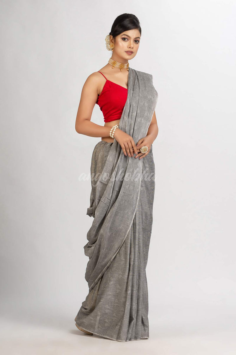 Gray Cotton Jacquard handloom Saree