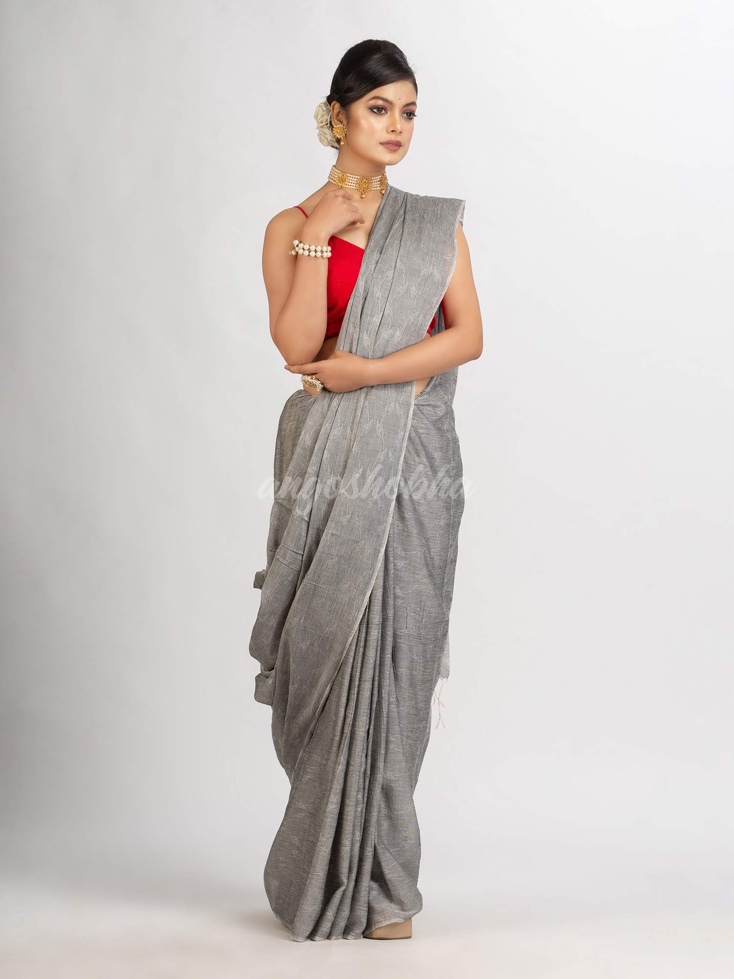Gray Cotton Jacquard handloom Saree