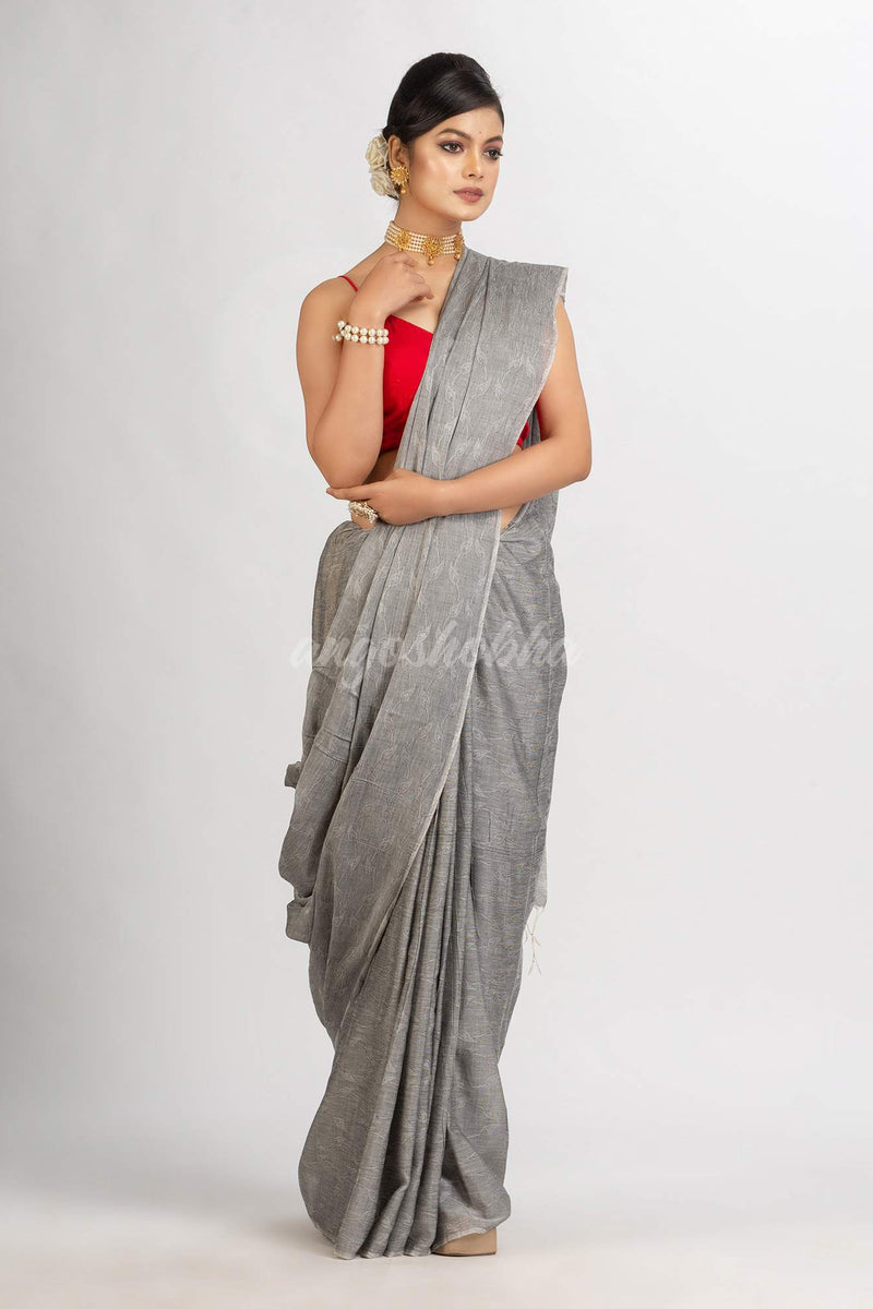 Gray Cotton Jacquard handloom Saree
