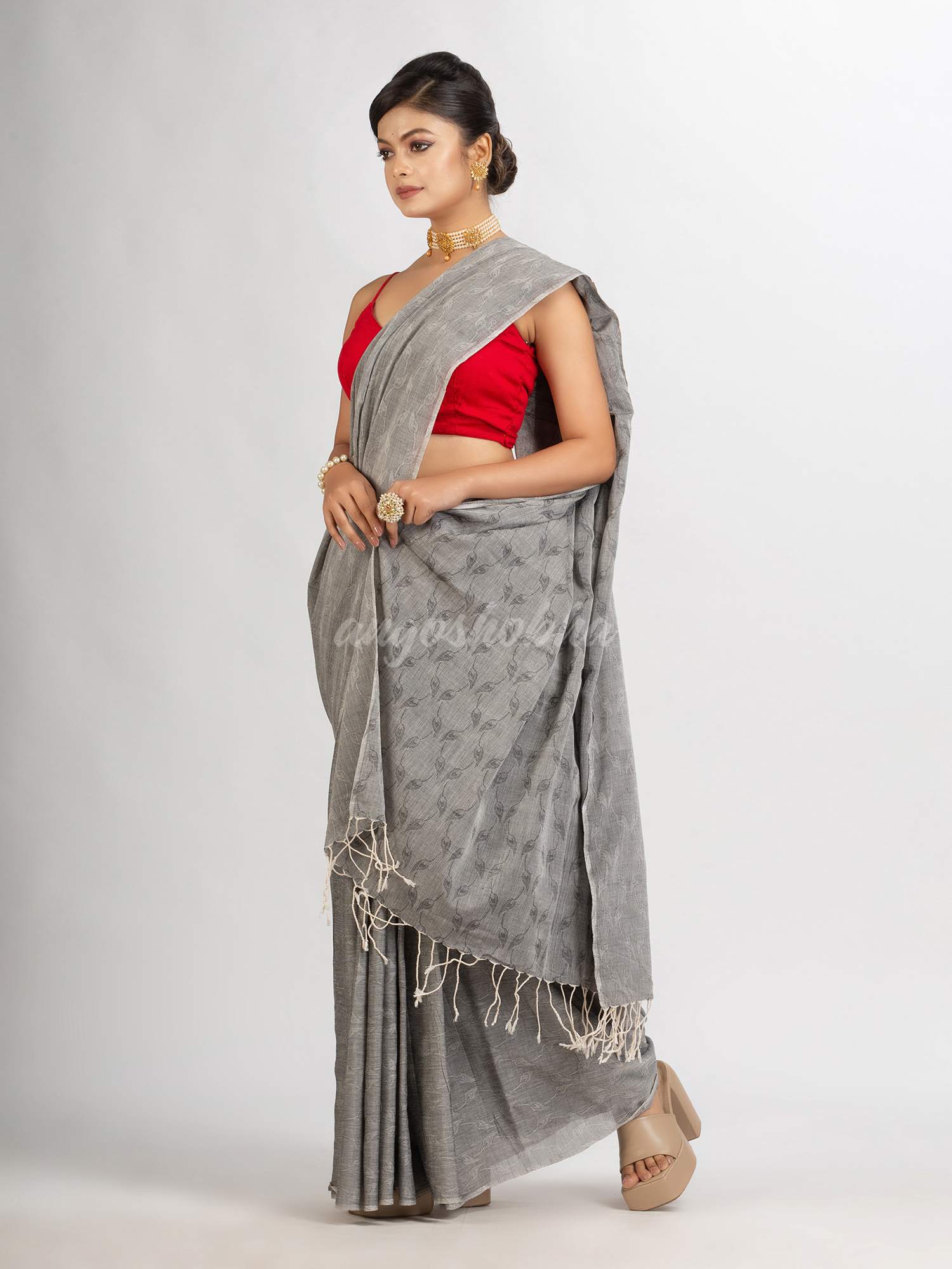 Gray Cotton Jacquard handloom Saree