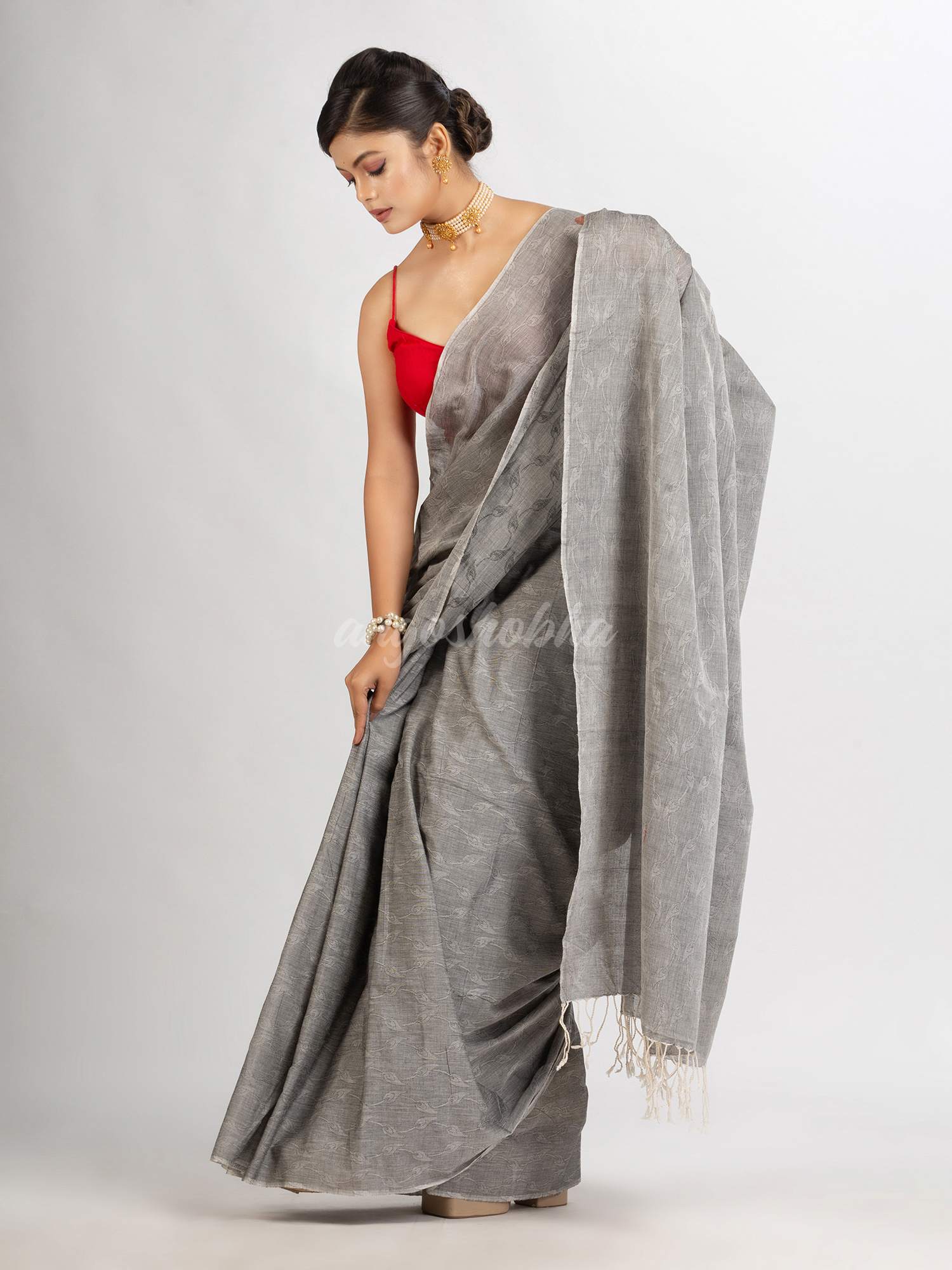 Gray Cotton Jacquard handloom Saree