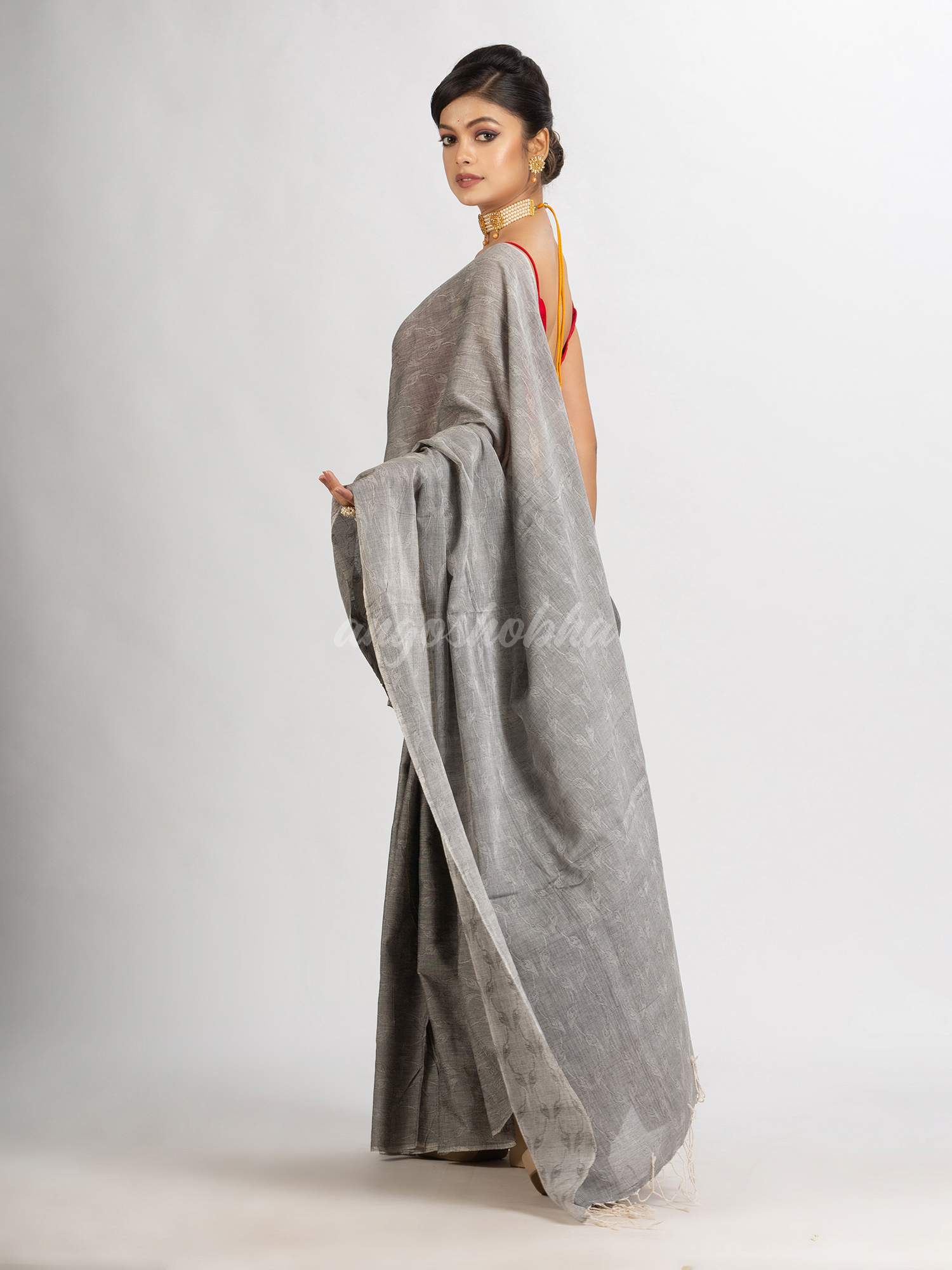 Gray Cotton Jacquard handloom Saree