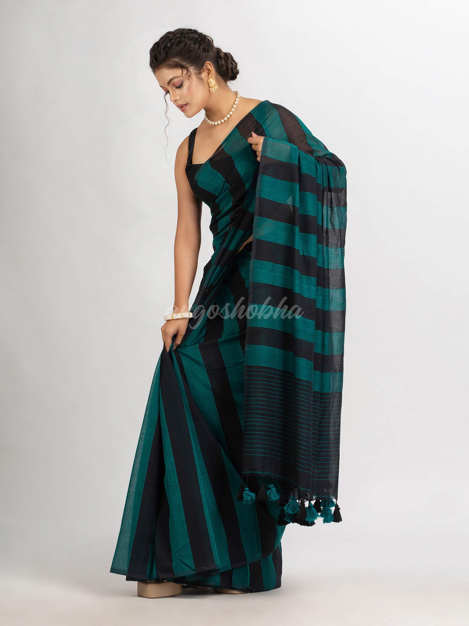 Raja And Black Stipe Handwoven Cotton handloom Saree