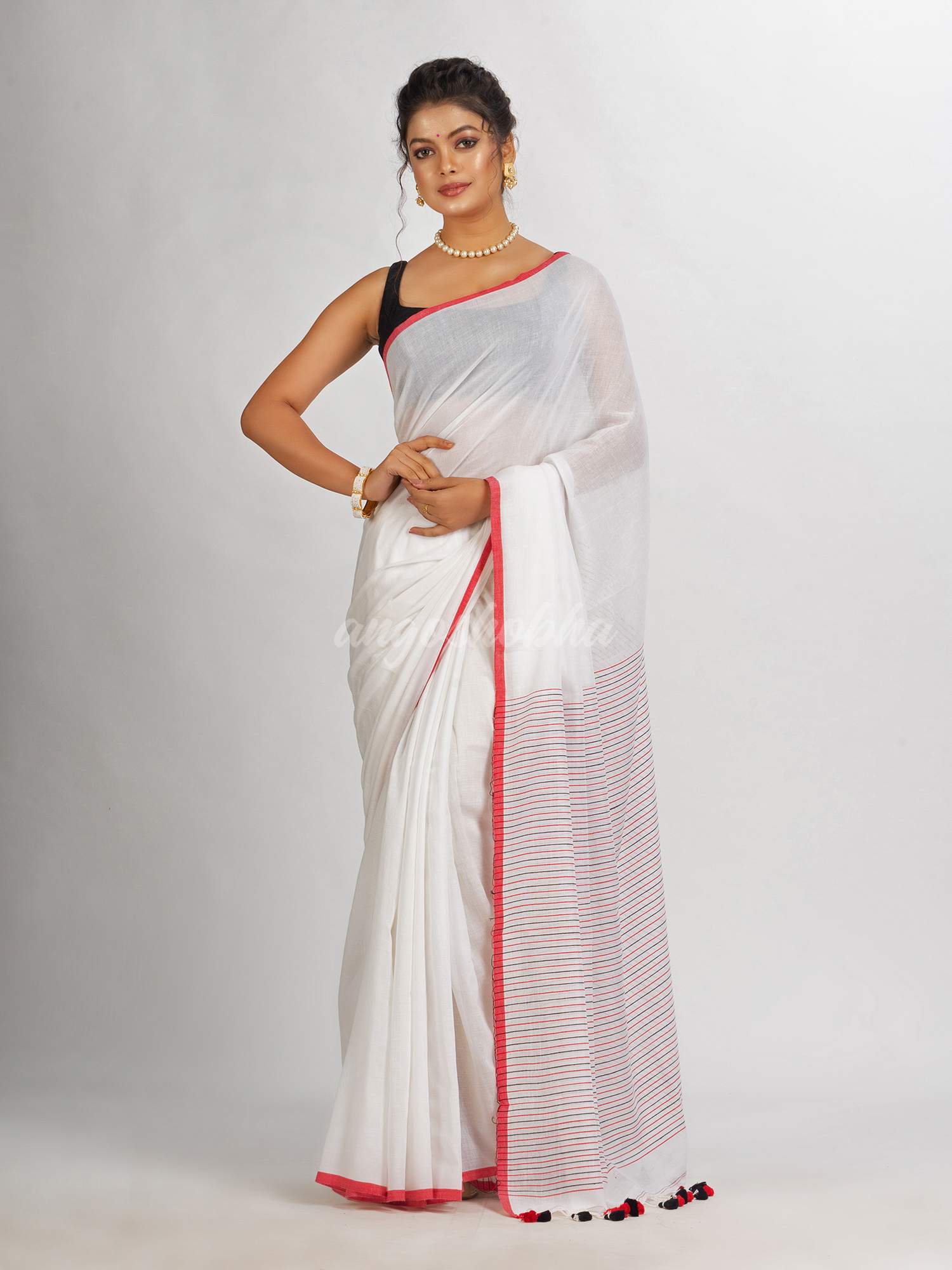 White Handwoven Cotton Stipe handloom Saree