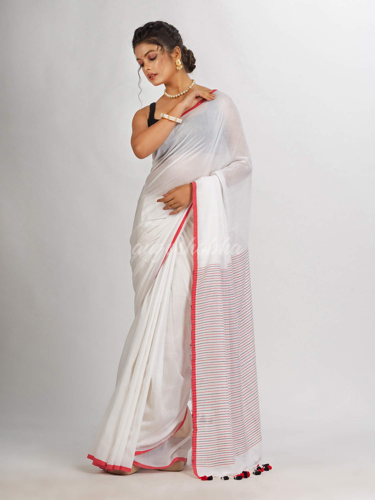 White Handwoven Cotton Stipe handloom Saree