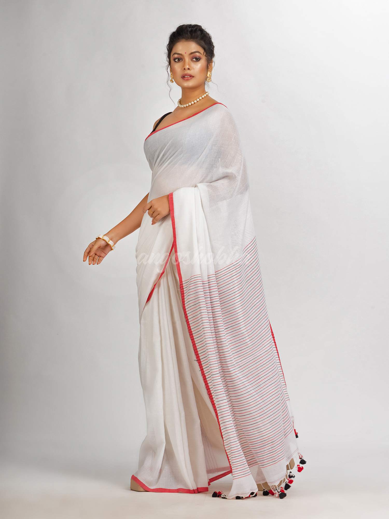White Handwoven Cotton Stipe handloom Saree