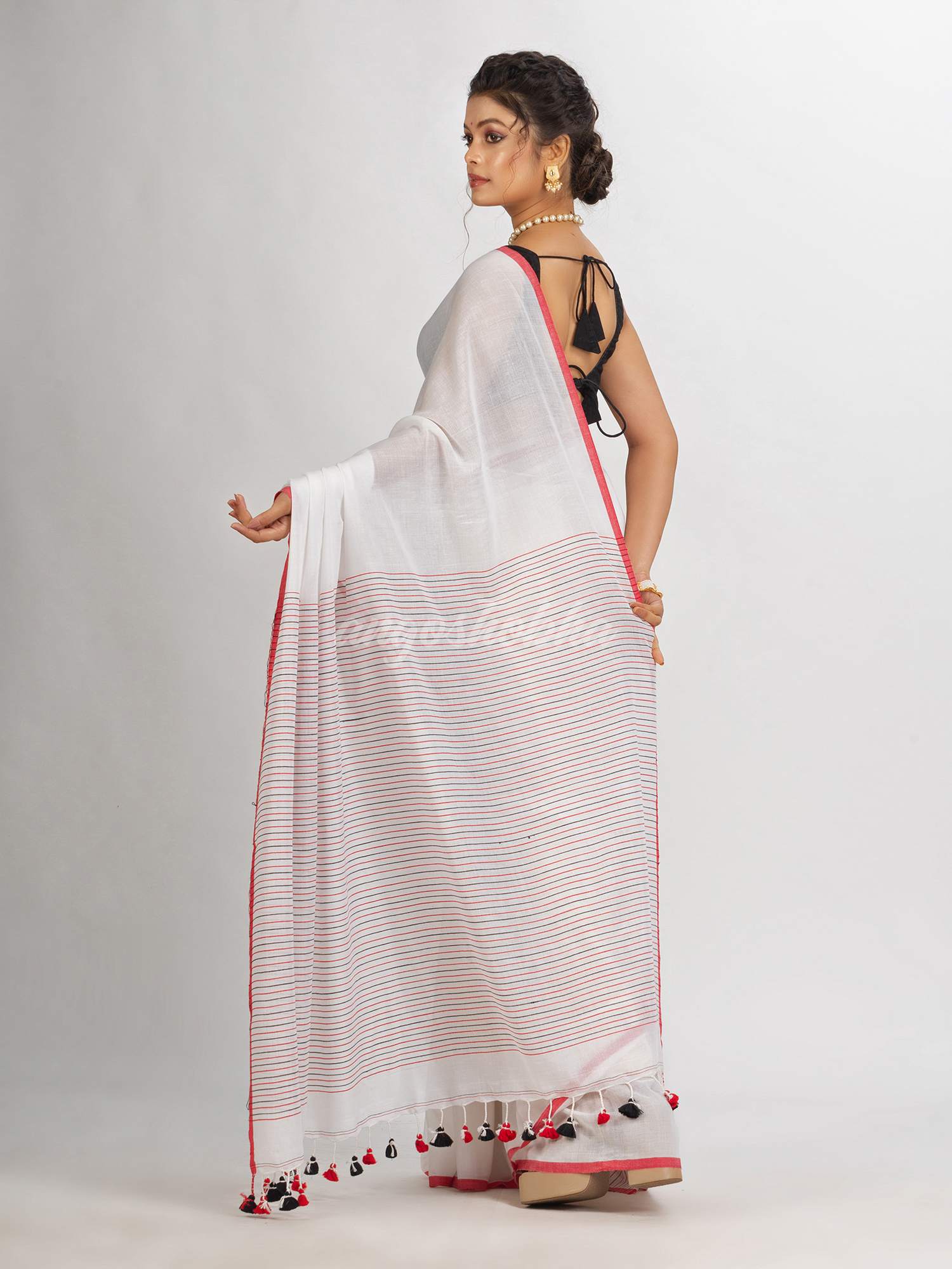 White Handwoven Cotton Stipe handloom Saree