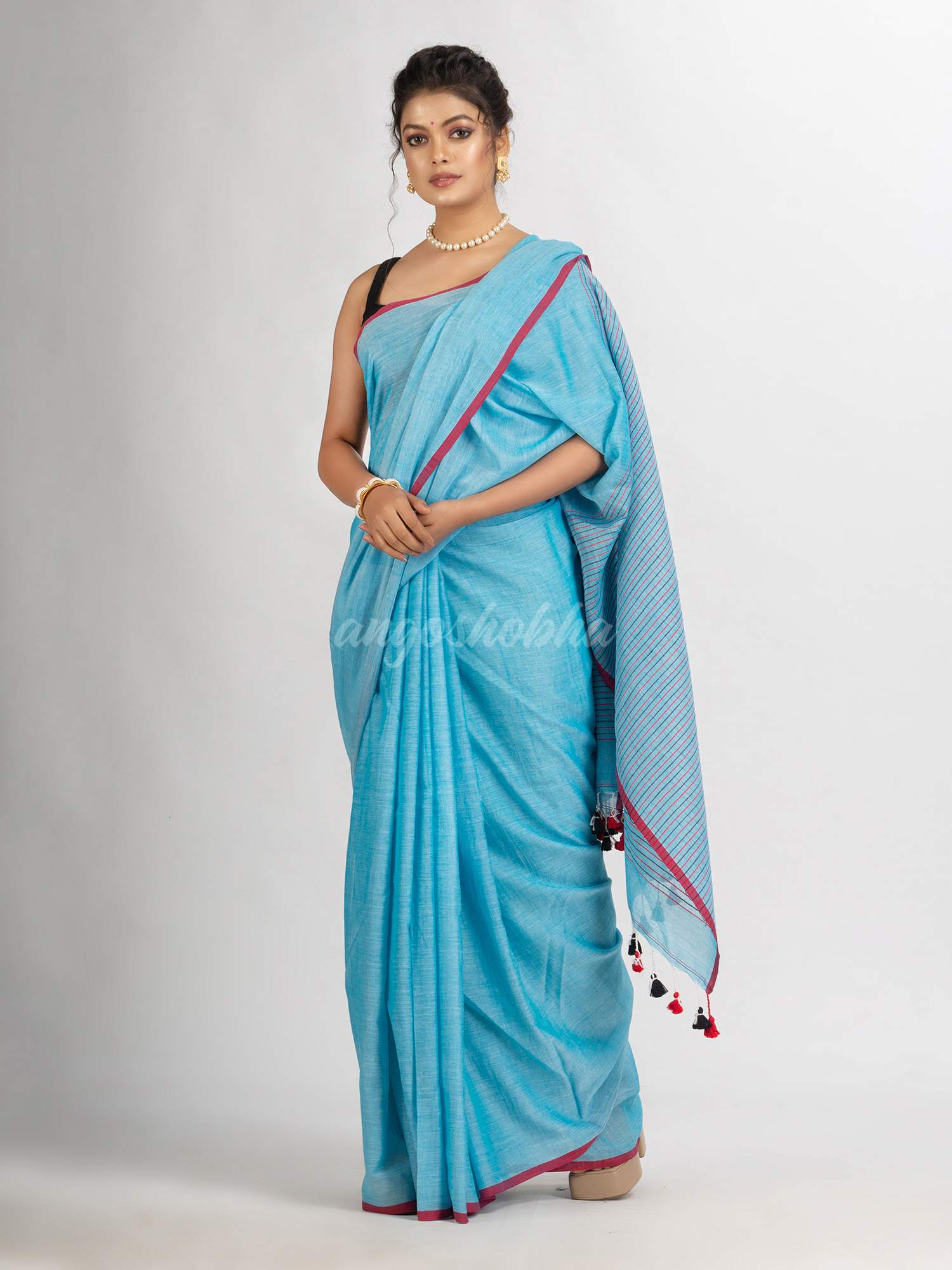 Sky Blue Handwoven Cotton Stipe handloom Saree