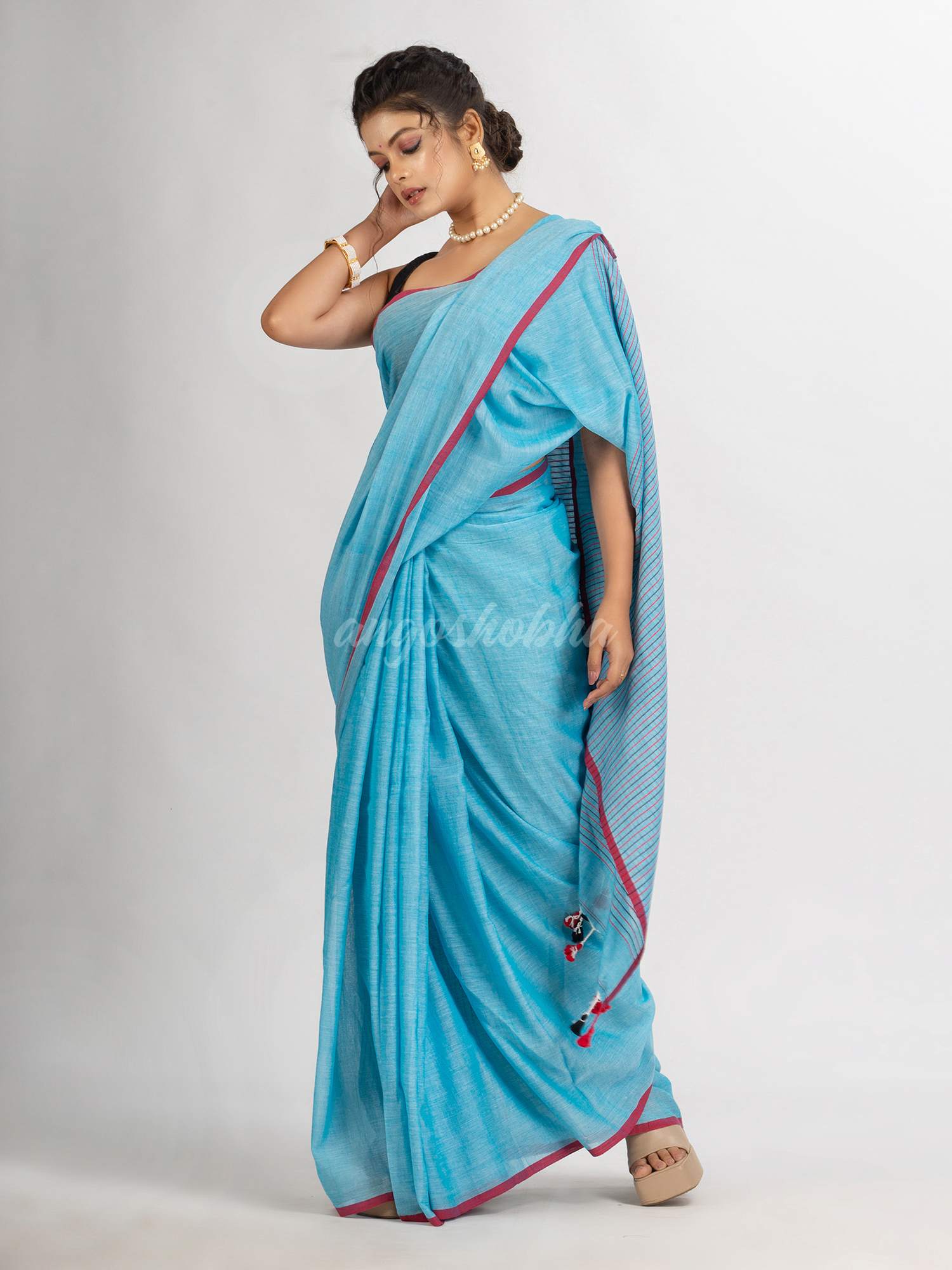 Sky Blue Handwoven Cotton Stipe handloom Saree