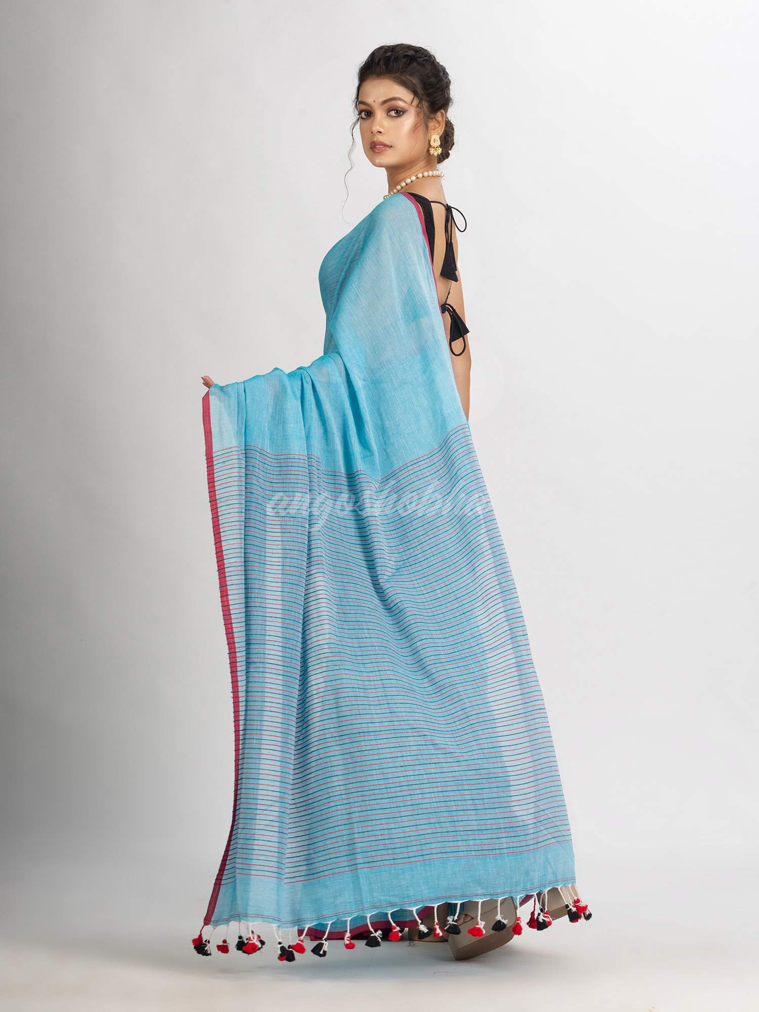 Sky Blue Handwoven Cotton Stipe handloom Saree