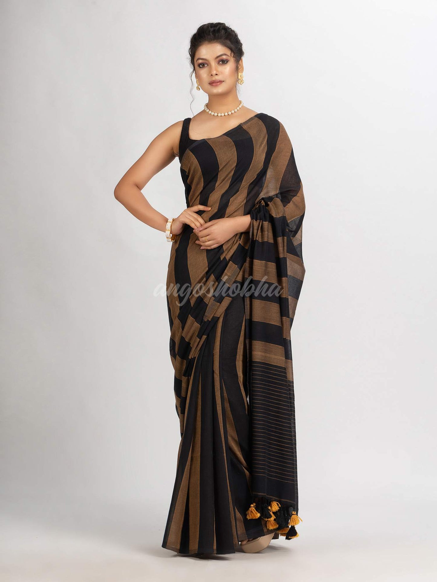 Brown And Black Stipe Handwoven Cotton handloom Saree